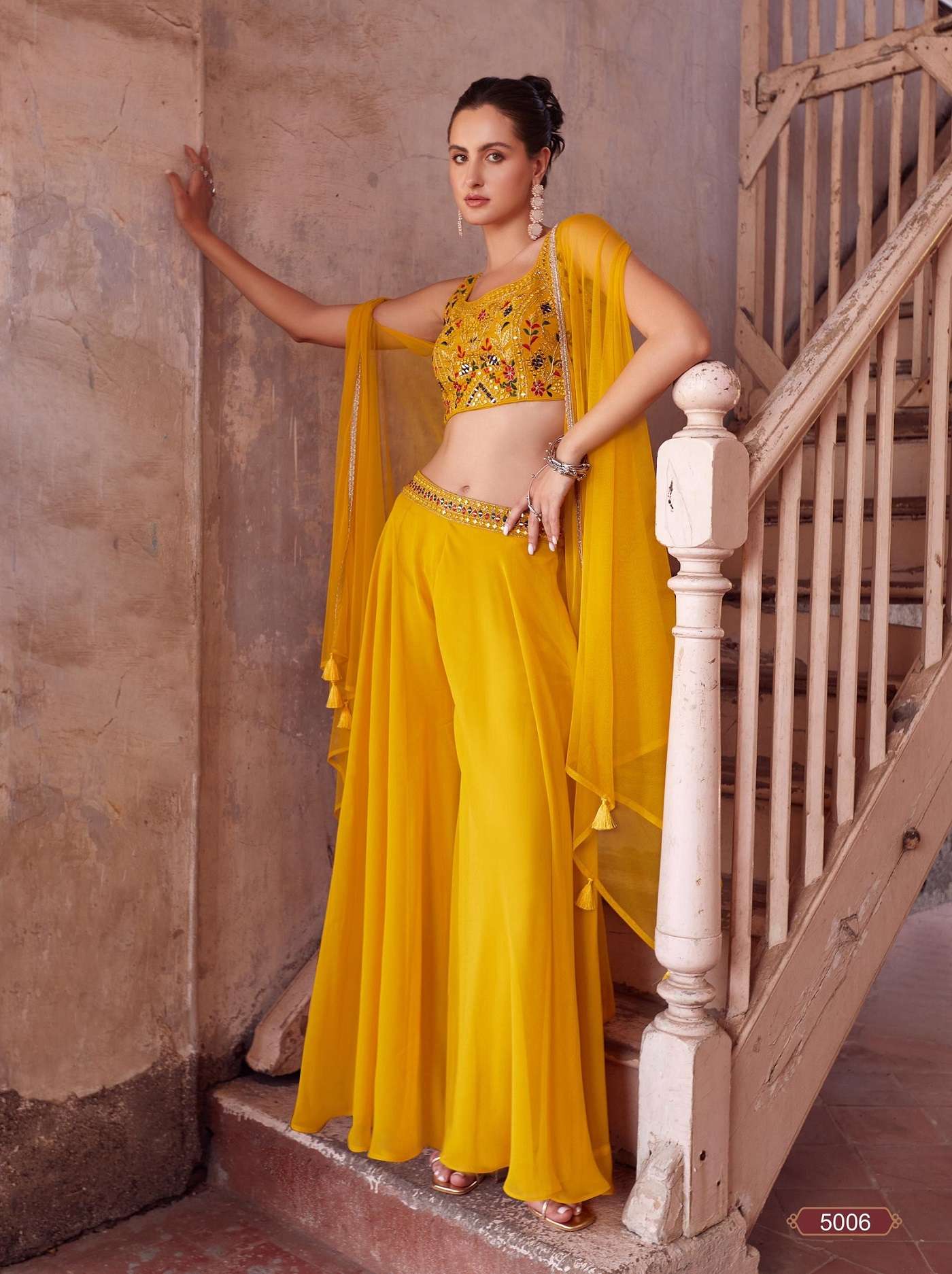 INDIAN DESIGNER FANCY WEDDING PARTY WEAR GAORGETTE READY TO WEAR YELLOW SHARARA PALLAZO SALWAR SUIT ALZ 5006