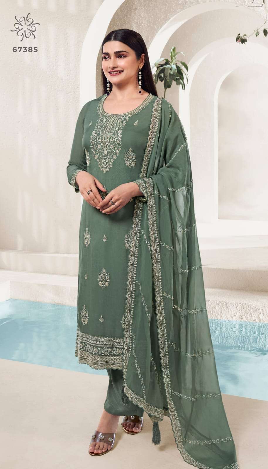 INDIAN DESIGNER FANCY WEDDING PARTY WEAR GREEN ORGANZA SILK STRAIGHT SALWAR SUIT RH CHAKORI 67385