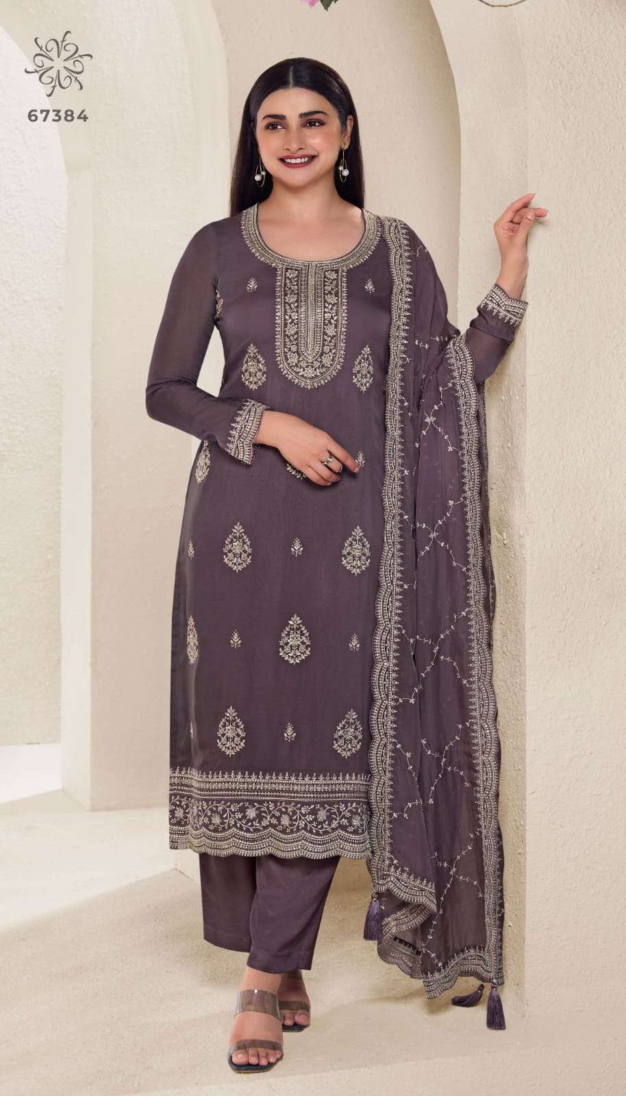 INDIAN DESIGNER FANCY WEDDING PARTY WEAR LAVENDER ORGANZA SILK STRAIGHT SALWAR SUIT RH CHAKORI 67384