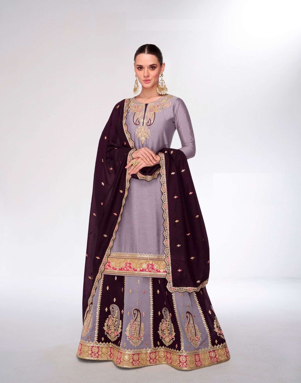 INDIAN DESIGNER FANCY WEDDING PARTY WEAR PREMIUM SILK LAVENDER SHARARA PALLAZO SALWAR SUIT AF KAHANI 9986