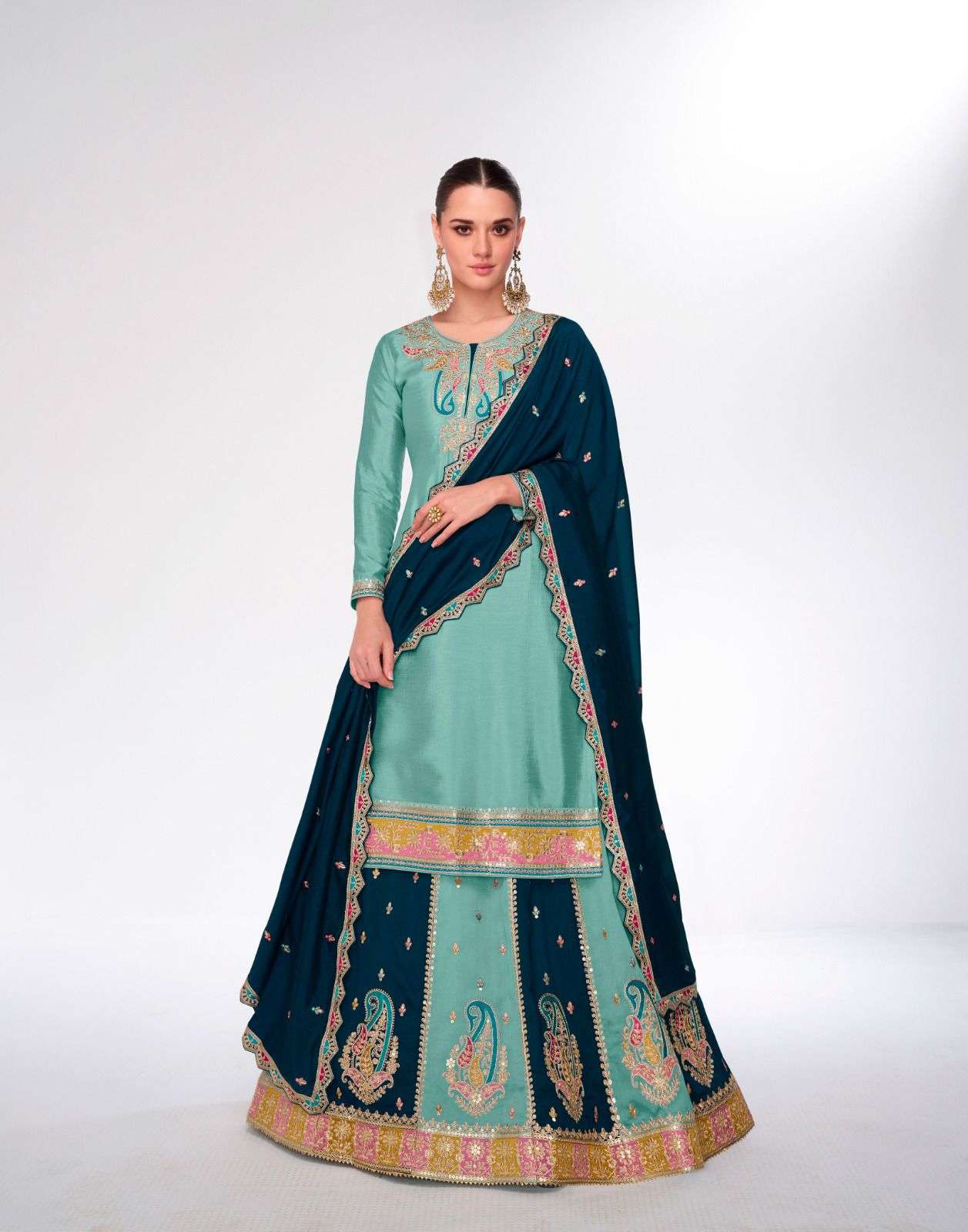 INDIAN DESIGNER FANCY WEDDING PARTY WEAR PREMIUM SILK SKY BLUE SHARARA PALLAZO SALWAR SUIT AF KAHANI 9987