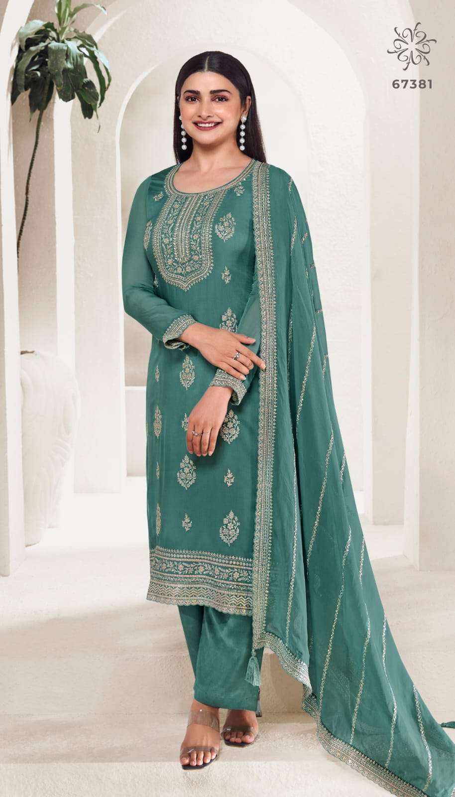 INDIAN DESIGNER FANCY WEDDING PARTY WEAR TEAL GREEN ORGANZA SILK STRAIGHT SALWAR SUIT RH CHAKORI 67381