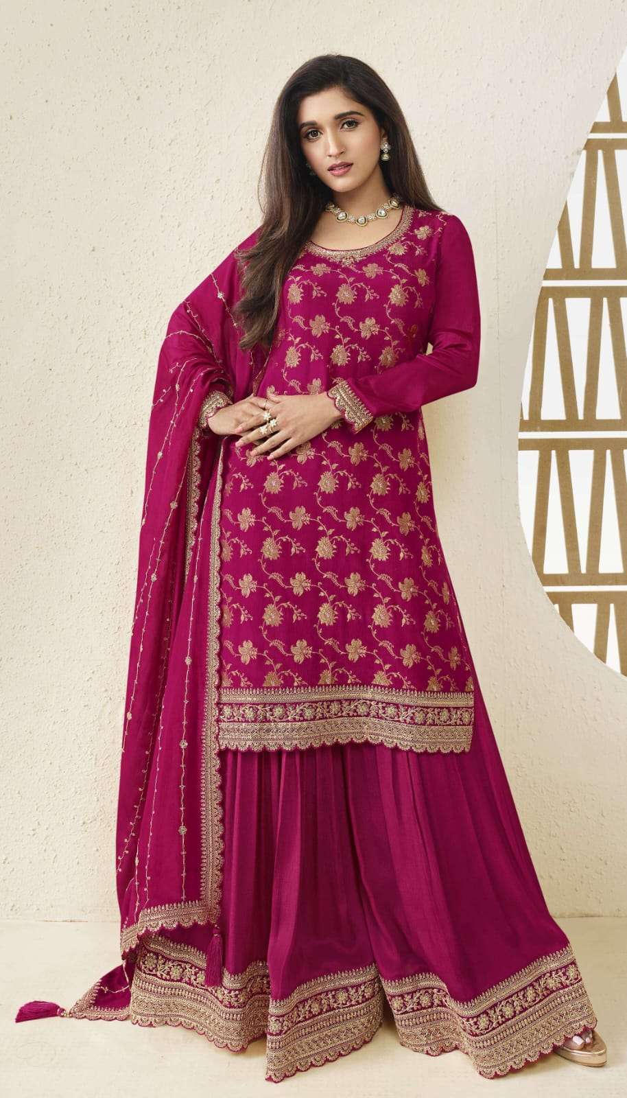 INDIAN DESIGNER FANCY WEDDING PARTY WEAR VISCOSE CHINON JACQUARD RANI PINK SHARARA PALLAZO SALWAR SUIT DST KULEESH KARVA 66211