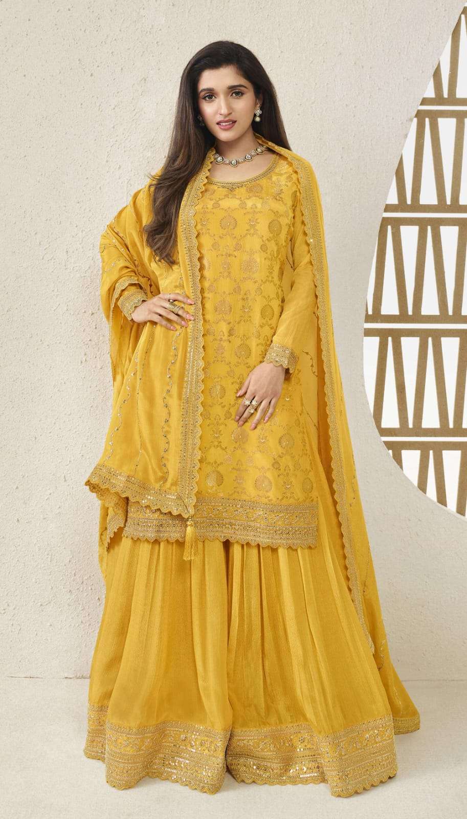 INDIAN DESIGNER FANCY WEDDING PARTY WEAR VISCOSE CHINON JACQUARD YELLOW SHARARA PALLAZO SALWAR SUIT DST KULEESH KARVA 66212