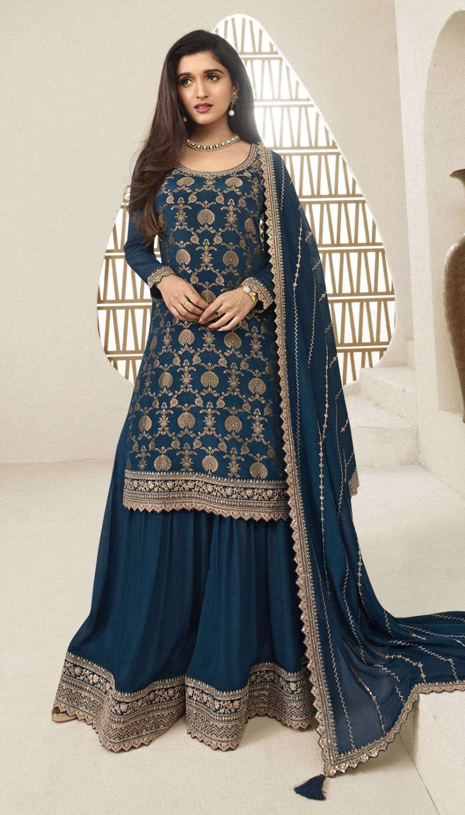 INDIAN DESIGNER FANCY WEDDING PARTY WEAR VISCOSE CHINON JACQUARD BLUE SHARARA PALLAZO SALWAR SUIT DST KULEESH KARVA 66213