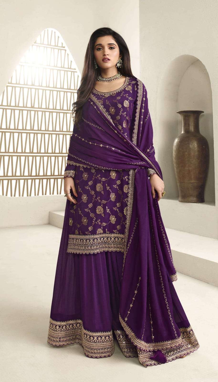 INDIAN DESIGNER FANCY WEDDING PARTY WEAR VISCOSE CHINON JACQUARD PURPLE SHARARA PALLAZO SALWAR SUIT DST KULEESH KARVA 66214