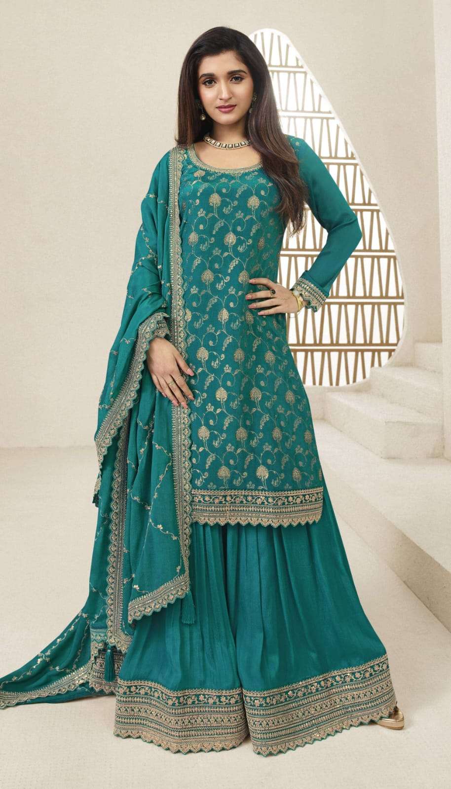 INDIAN DESIGNER FANCY WEDDING PARTY WEAR VISCOSE CHINON JACQUARD SKY BLUE SHARARA PALLAZO SALWAR SUIT DST KULEESH KARVA 66215