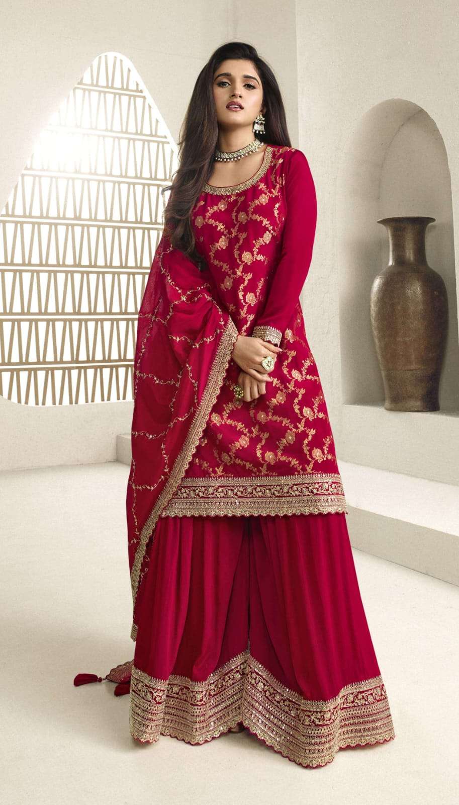 INDIAN DESIGNER FANCY WEDDING PARTY WEAR VISCOSE CHINON JACQUARD RED SHARARA PALLAZO SALWAR SUIT DST KULEESH KARVA 66216