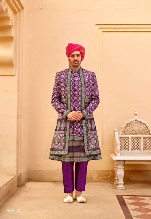 INDIAN DESIGNER MENS WEDDING READY TO WEAR PURPLE SHERWANI INDO WESTERN SHERWANI COLLECTION SM RW 23