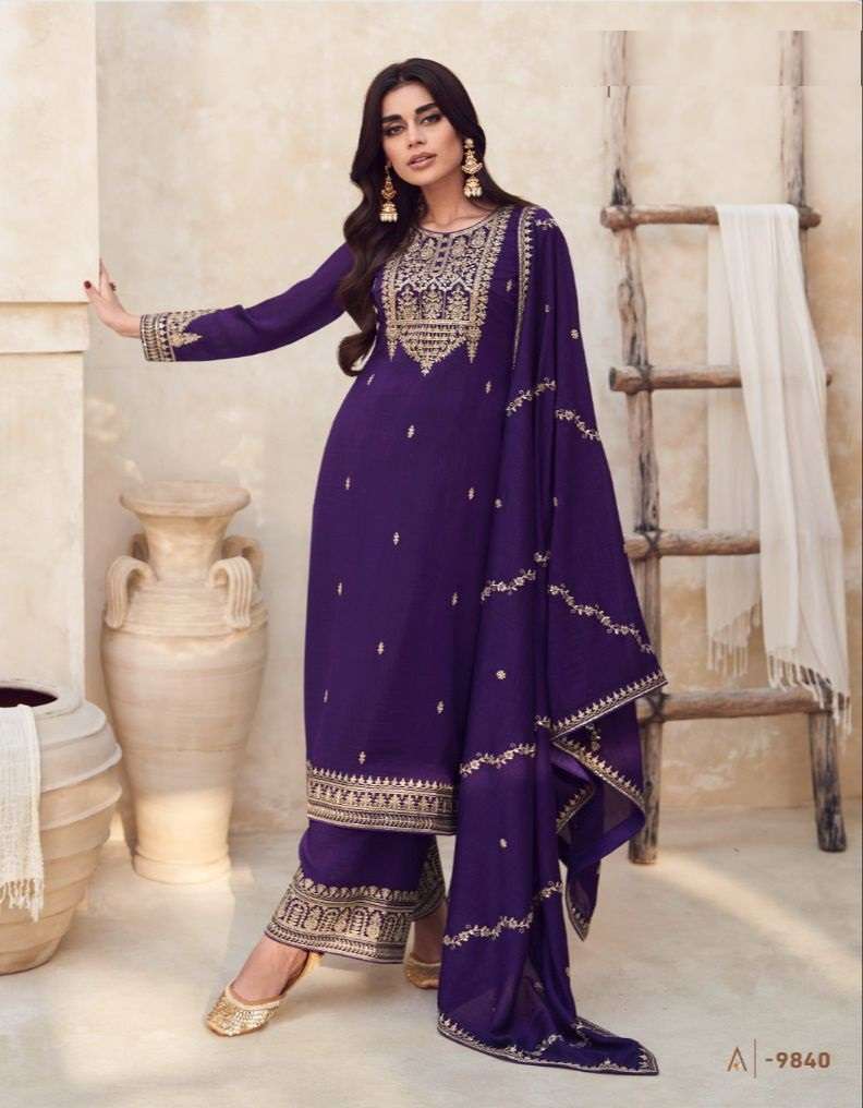 INDIAN DESIGNER WEDDING PARTY WEAR PREMIUM SILK PURPLE PUNJABI SHARARA PALLAZO SALWAR SUIT AF RANG 9840