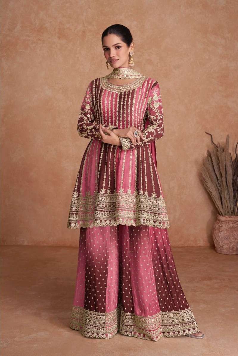 DESIGNER FANCY PARTY WEAR READYMADE FANCY REAL CHINON PINK SHARARA SALWAR SUIT AF VAANI 7407 G