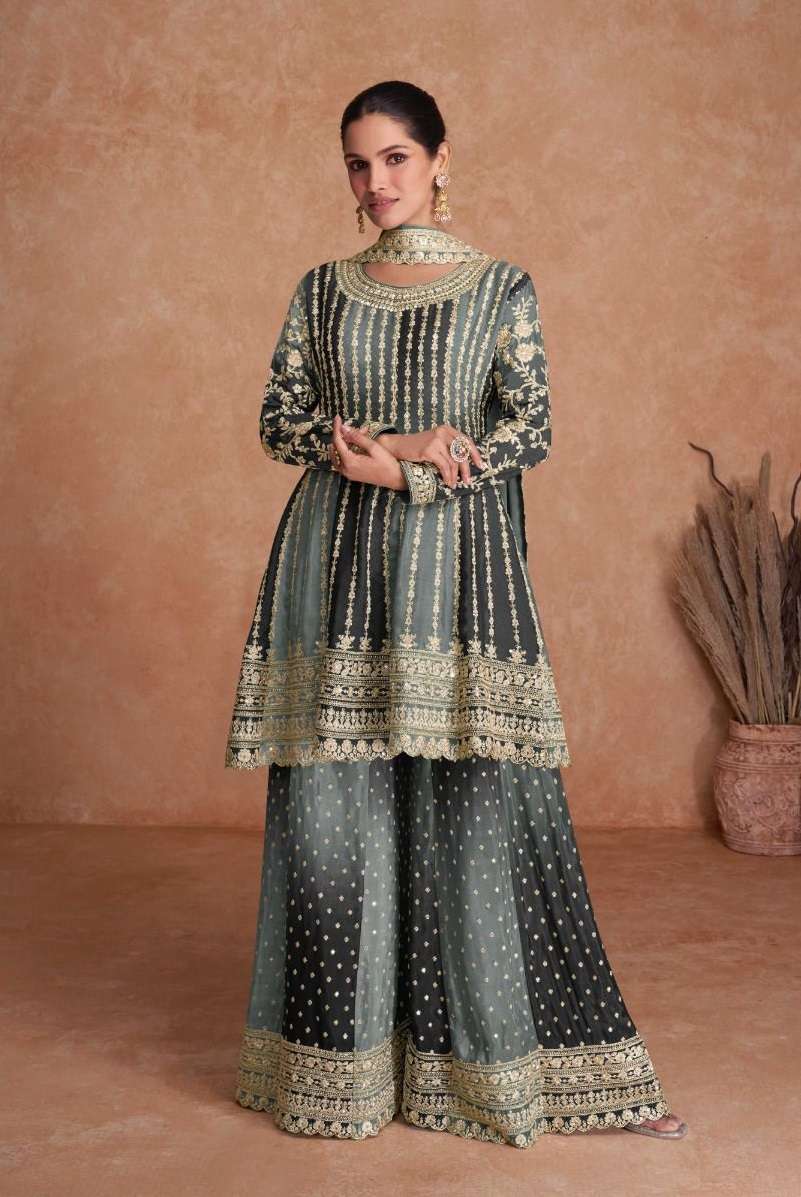 DESIGNER FANCY PARTY WEAR READYMADE FANCY REAL CHINON BLACK SHARARA SALWAR SUIT AF VAANI 7407 K