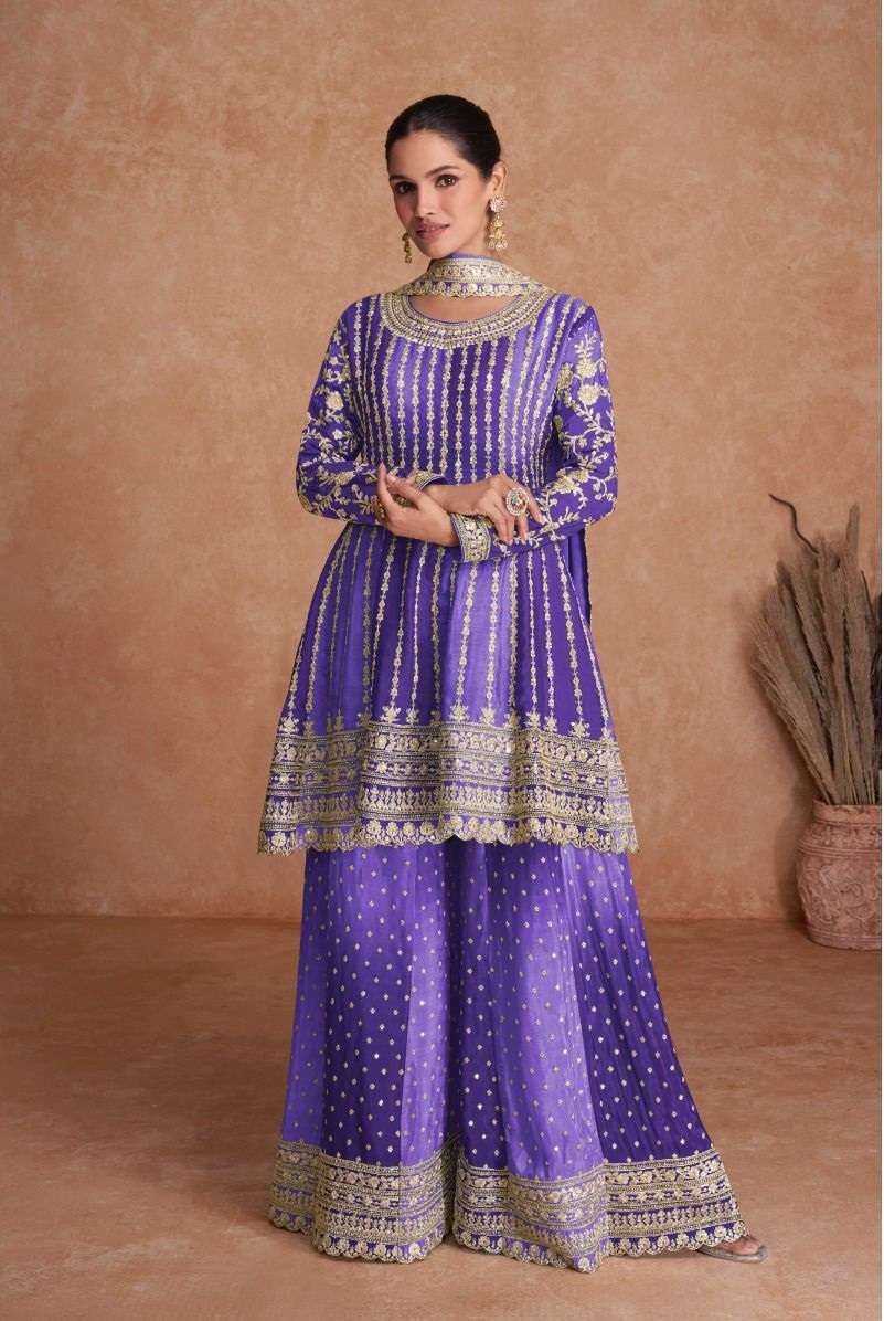 DESIGNER FANCY PARTY WEAR READYMADE FANCY REAL CHINON PURPLE SHARARA SALWAR SUIT AF VAANI 7407 L