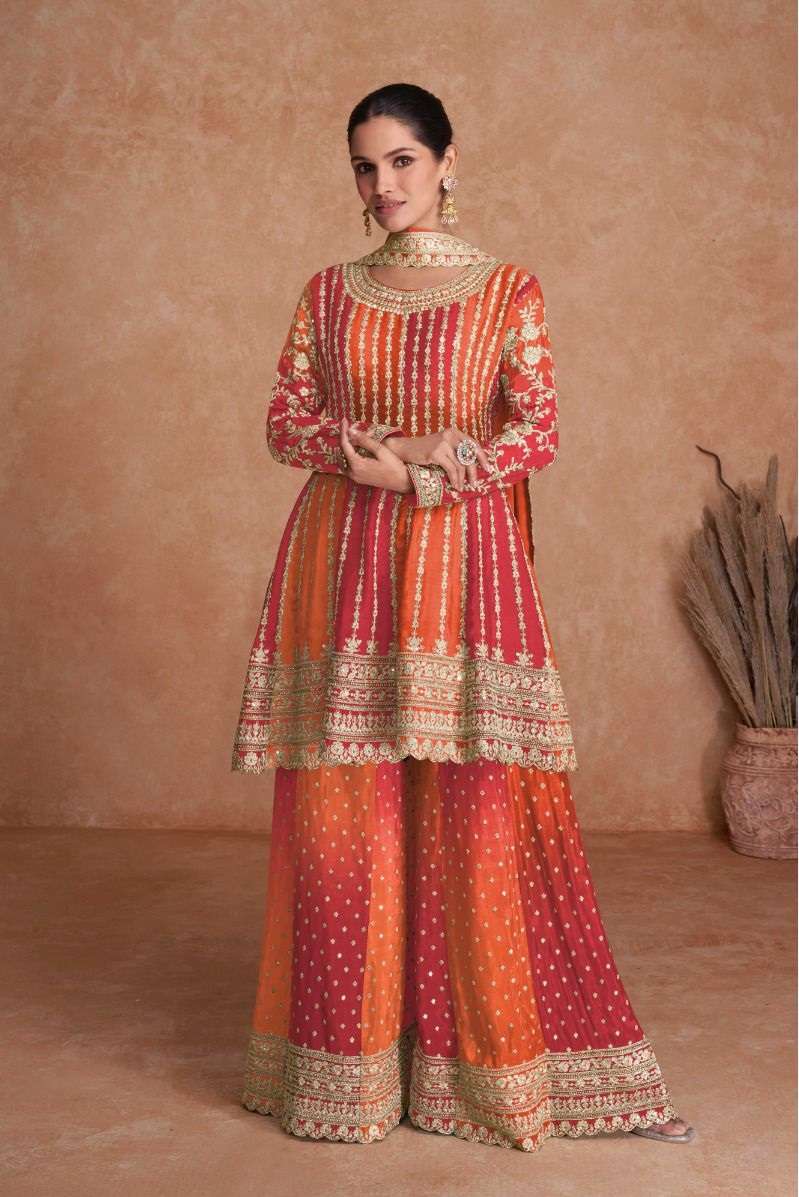 DESIGNER FANCY PARTY WEAR READYMADE FANCY REAL CHINON ORANGE SHARARA SALWAR SUIT AF VAANI 7407 M