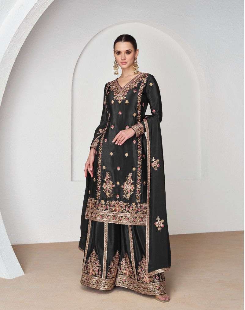 DESIGNER FANCY WEDDING PARTY WEAR CHINON SILK BLACK PALLAZO SHARARA SALWAR SUIT AF NAZRANA 9954