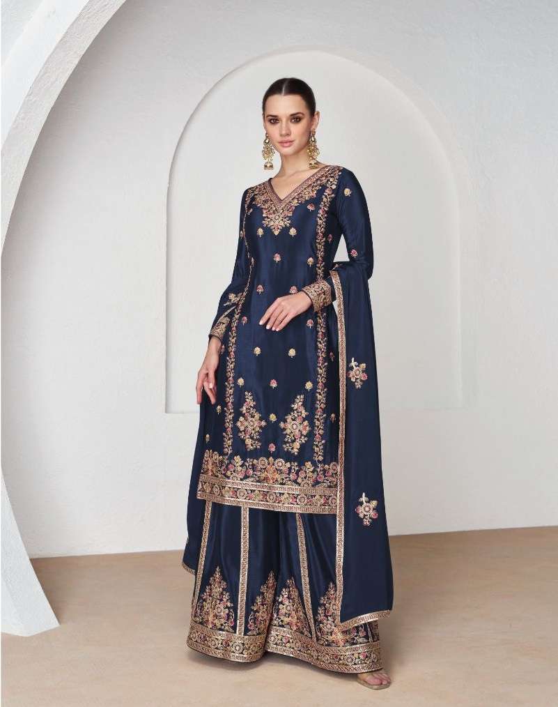 DESIGNER FANCY WEDDING PARTY WEAR CHINON SILK BLUE PALLAZO SHARARA SALWAR SUIT AF NAZRANA 9953