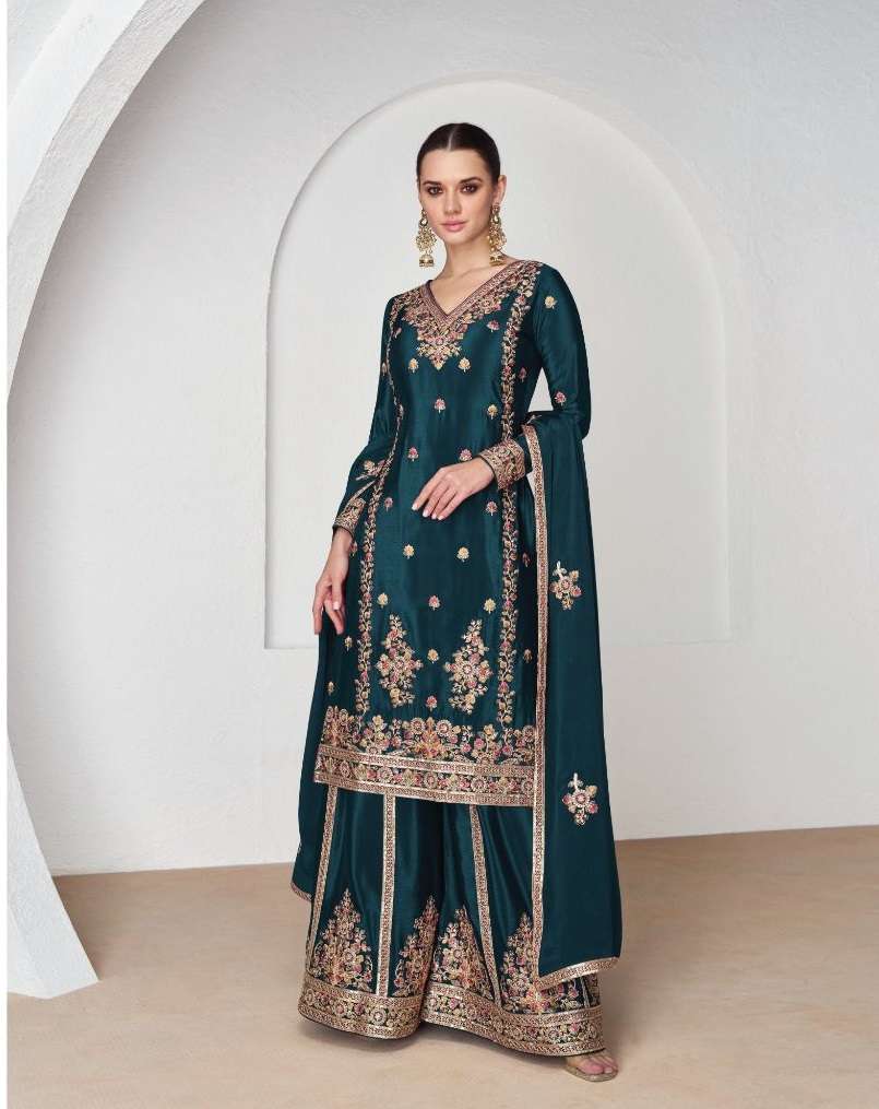 DESIGNER FANCY WEDDING PARTY WEAR CHINON SILK RAMA BLUE PALLAZO SHARARA SALWAR SUIT AF NAZRANA 9951