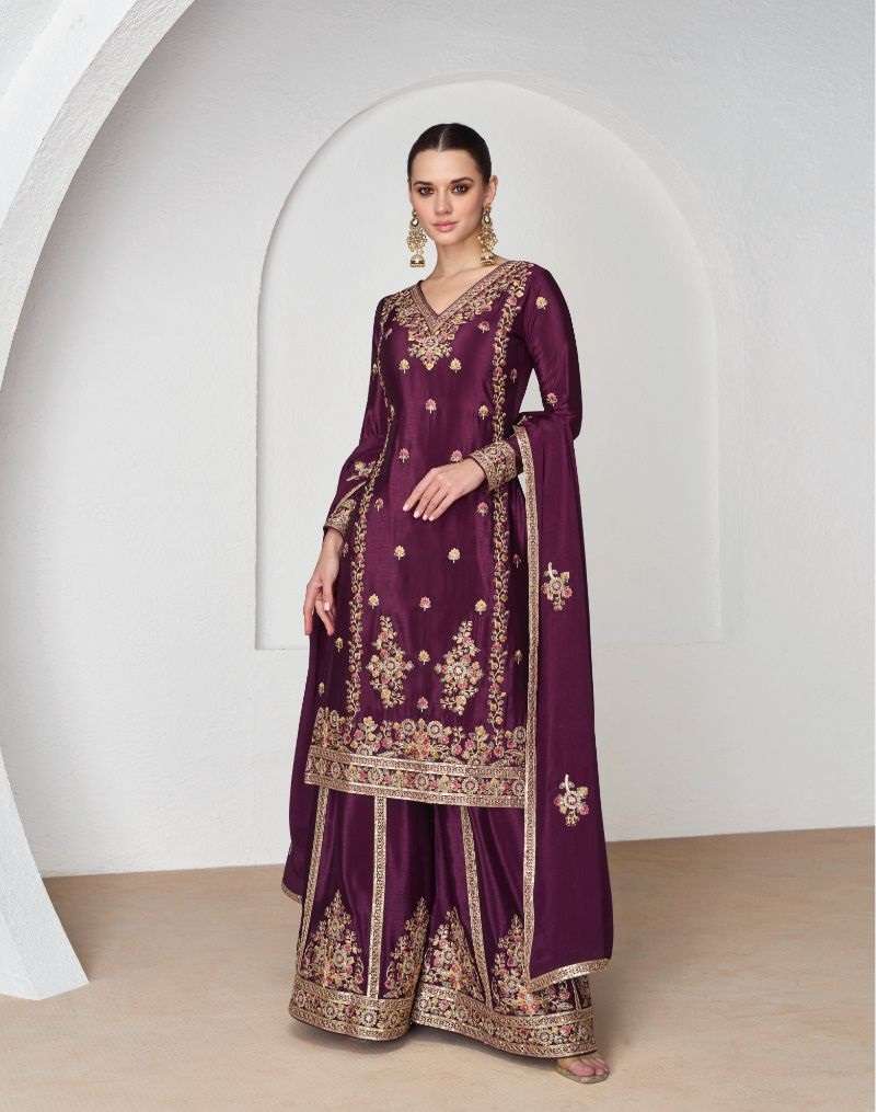 DESIGNER FANCY WEDDING PARTY WEAR CHINON SILK WINE PALLAZO SHARARA SALWAR SUIT AF NAZRANA 9952