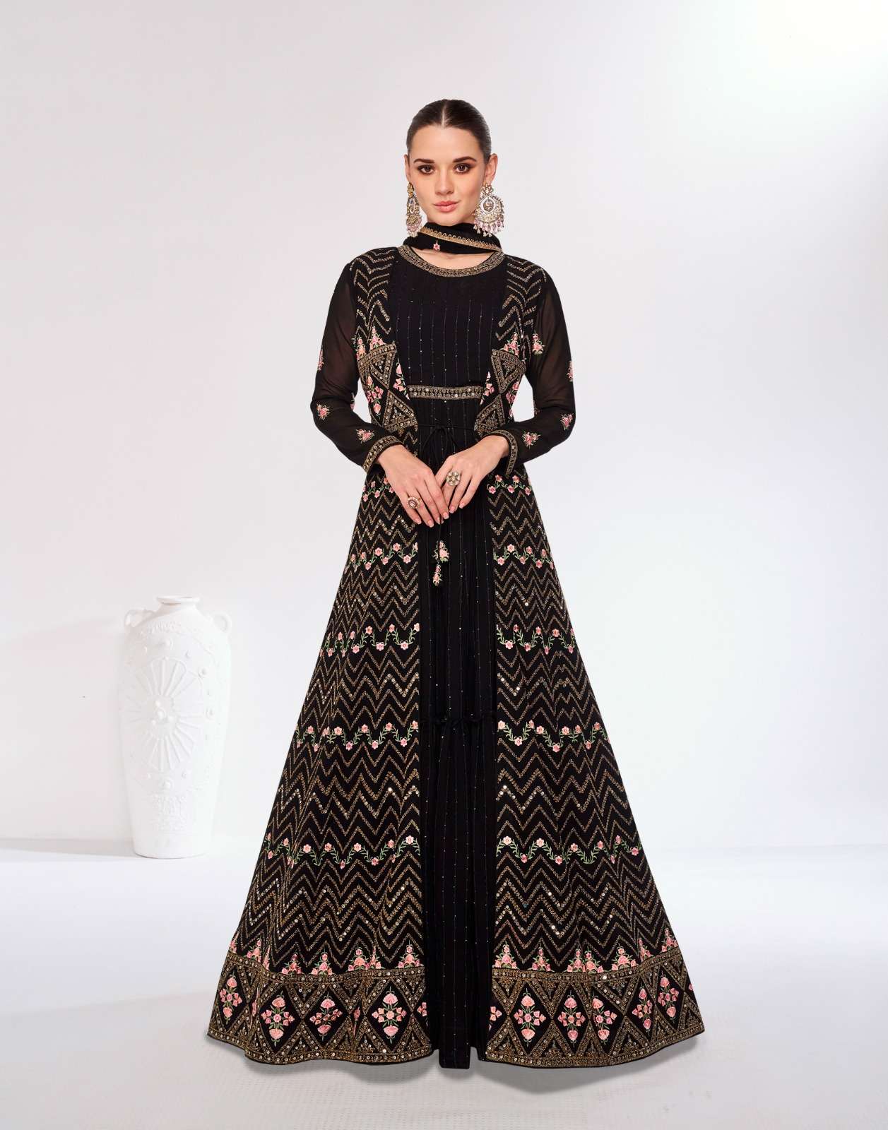 DESIGNER FANCY WEDDING PARTY WEAR FAUX GEORGETTE BLACK ANARKALI SALWAR SUIT GOWN AF ROSY 9981