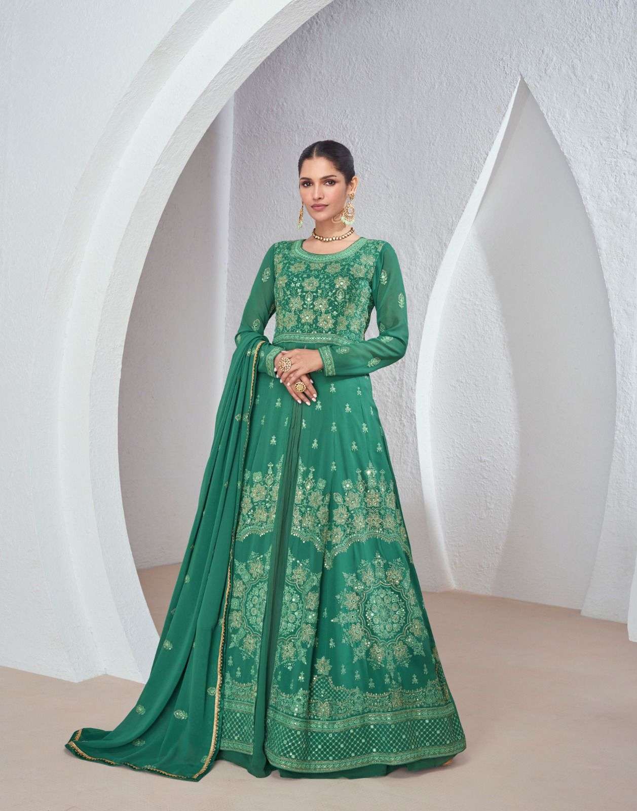 DESIGNER FANCY WEDDING PARTY WEAR FAUX GEORGETTE GREEN ANARKALI SALWAR SUIT GOWN AF SABINA 9849