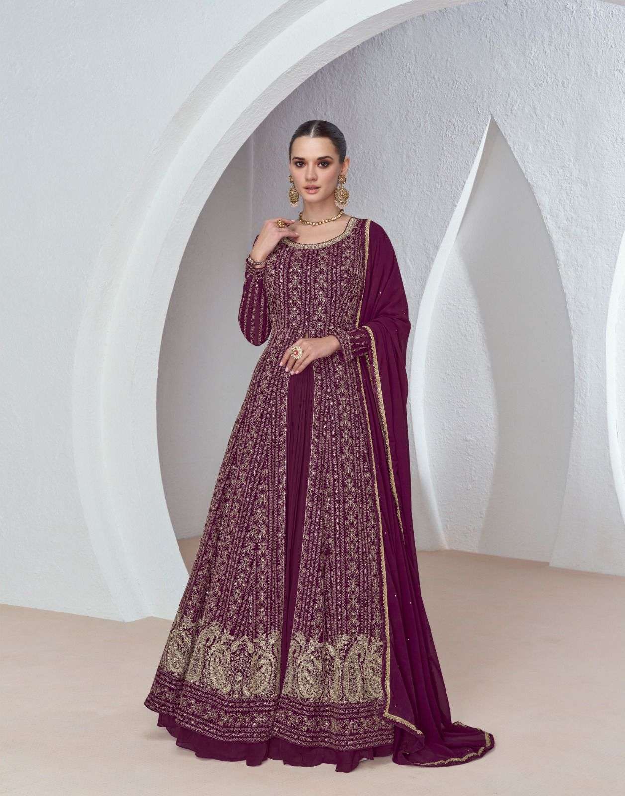 DESIGNER FANCY WEDDING PARTY WEAR FAUX GEORGETTE MAROON ANARKALI SALWAR SUIT GOWN AF SABINA 9850