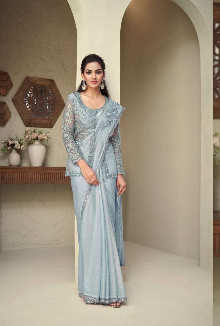 DESIGNER FANCY WEDDING PARTY WEAR GREY GEORGETTE SAREE SM TFH SILVER 28007 E