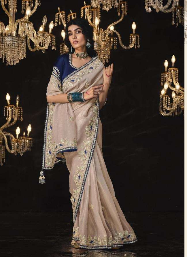 DESIGNER FANCY WEDDING PARTY WEAR INDIAN BEIGE SILK SAREE SM KIMORA 5324