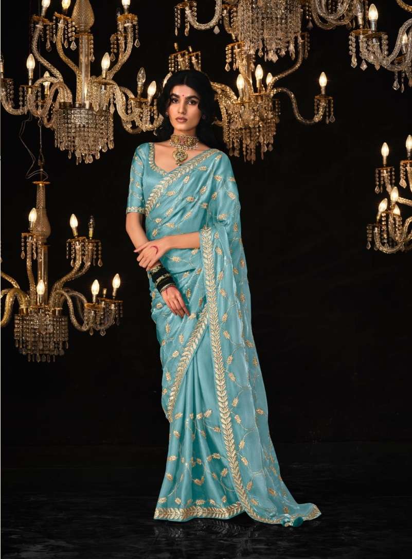 DESIGNER FANCY WEDDING PARTY WEAR INDIAN BLUE SILK SAREE SM KIMORA 5322 F