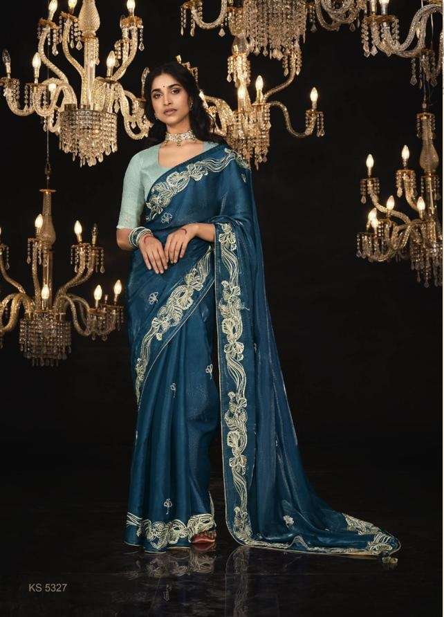 DESIGNER FANCY WEDDING PARTY WEAR INDIAN BLUE SILK SAREE SM KIMORA 5327