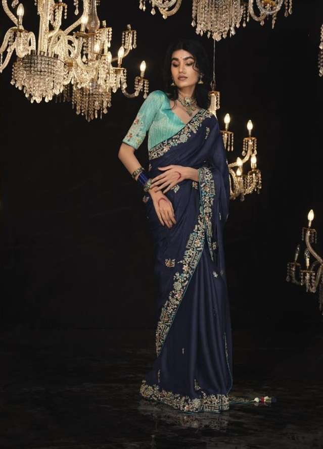 DESIGNER FANCY WEDDING PARTY WEAR INDIAN BLUE SILK SAREE SM KIMORA 5334