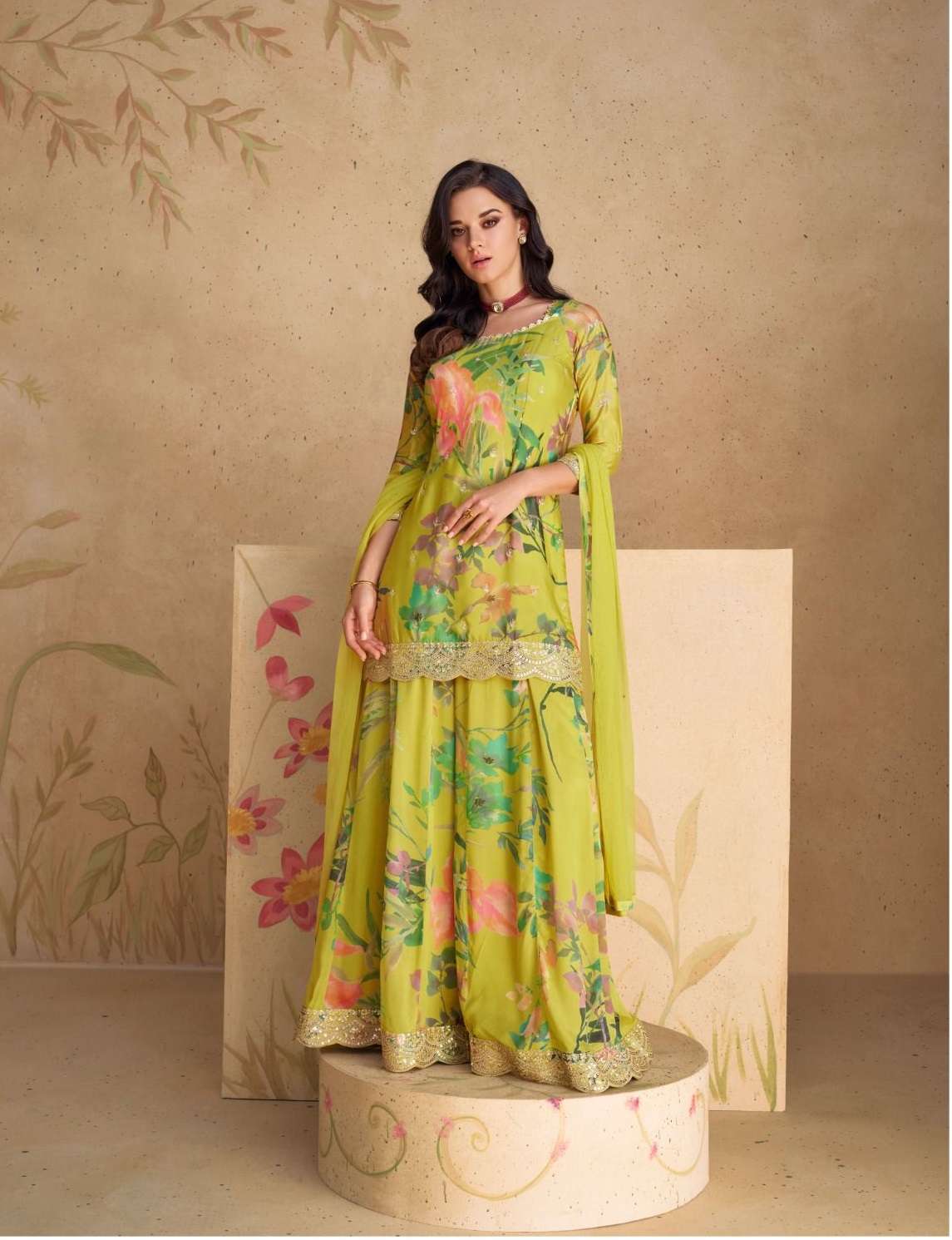 DESIGNER FANCY WEDDING PARTY WEAR INDIAN CHINON SILK READYMADE GREEN SHARARA PALAZZO SALWAR SUIT SY SANGAM 5538