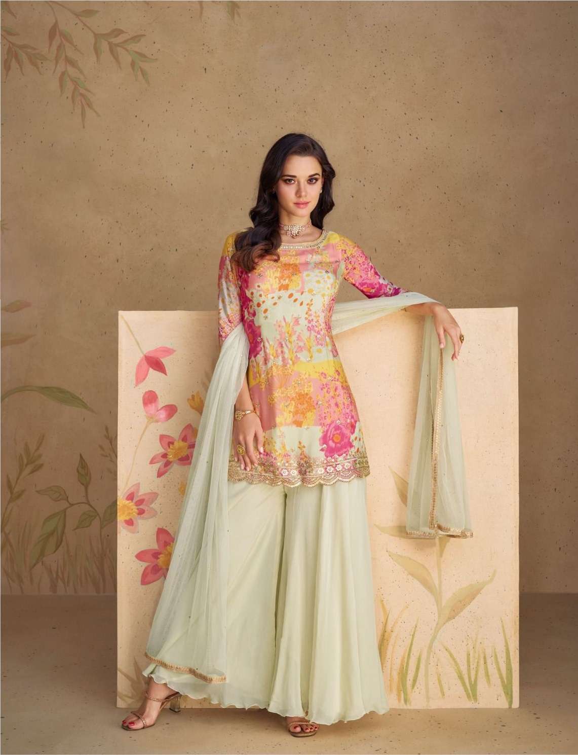 DESIGNER FANCY WEDDING PARTY WEAR INDIAN CHINON SILK READYMADE WHITE SHARARA PALAZZO SALWAR SUIT SY SANGAM 5539