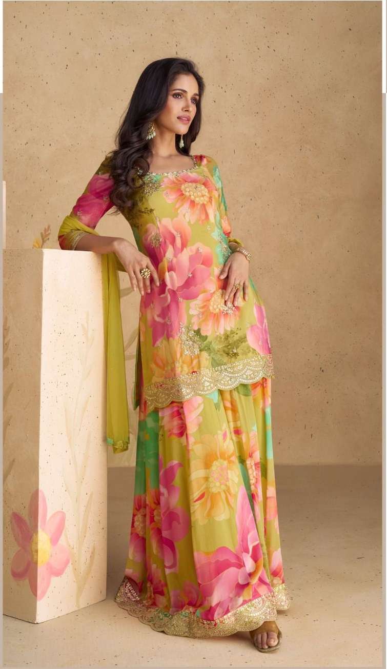 DESIGNER FANCY WEDDING PARTY WEAR INDIAN CHINON SILK READYMADE SHARARA PALAZZO SALWAR SUIT SY SANGAM 5542