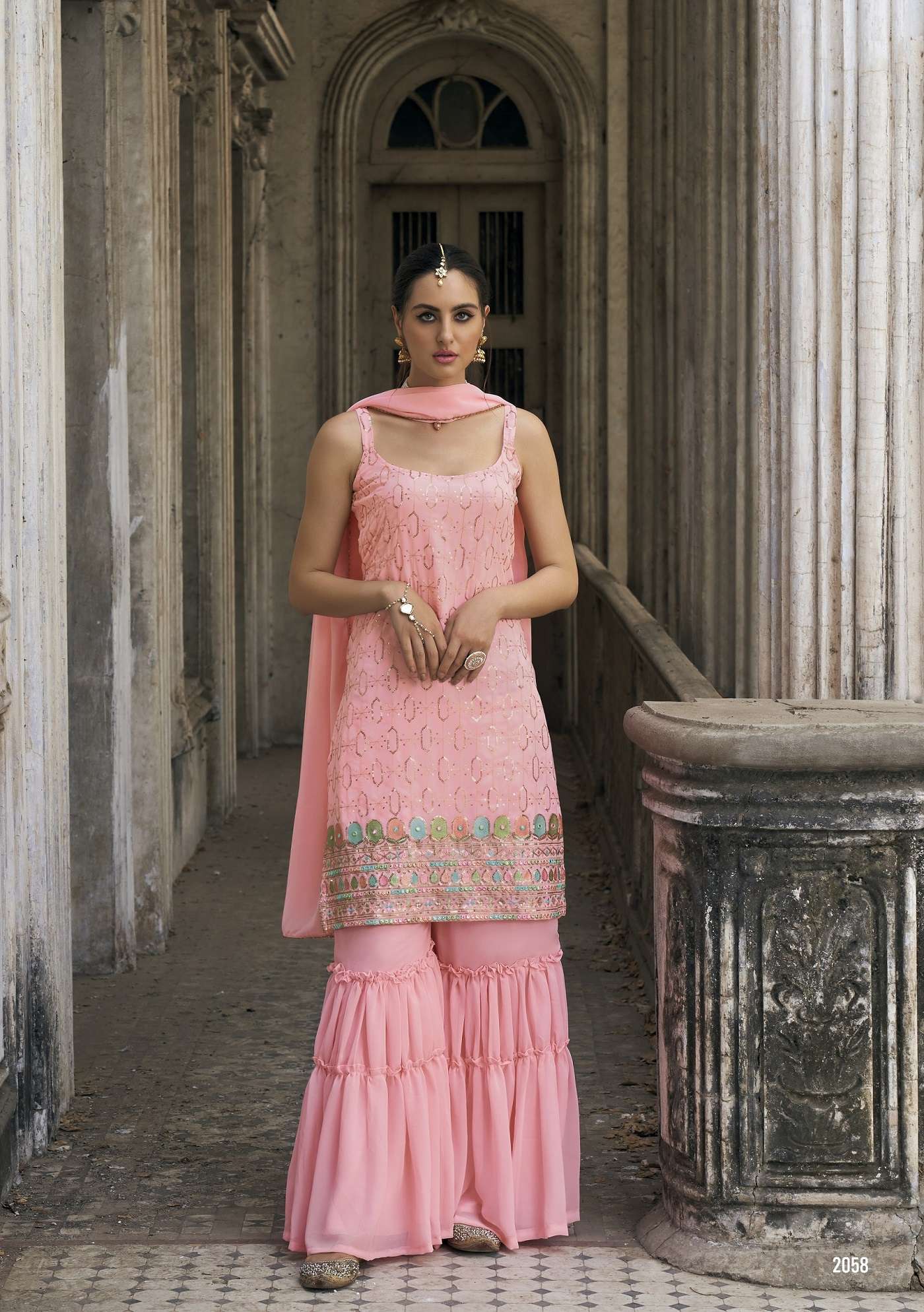 DESIGNER FANCY WEDDING PARTY WEAR INDIAN GEORGETTE PINK SHARARA PALAZZO SALWAR SUIT IBTIDA 2058