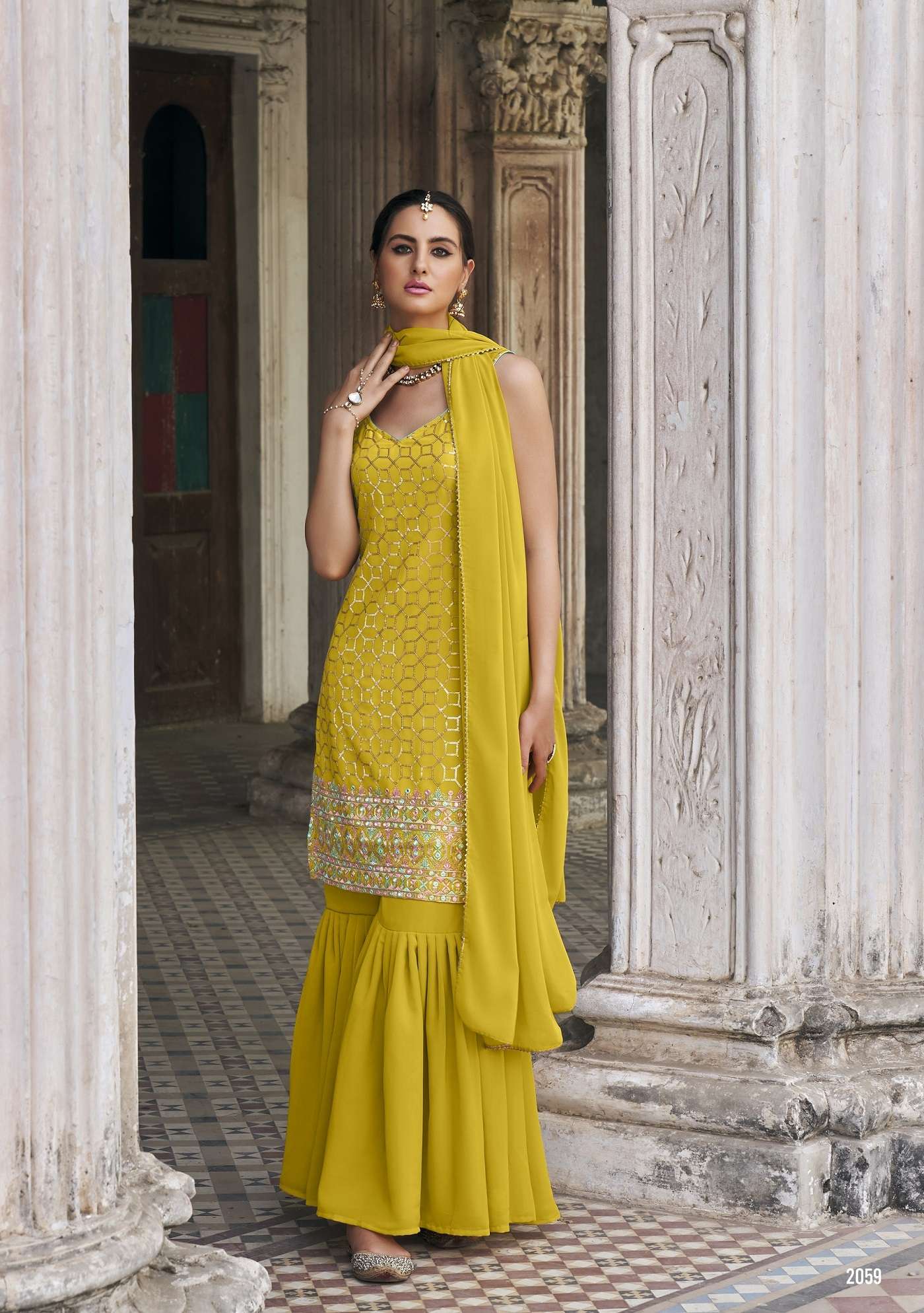 DESIGNER FANCY WEDDING PARTY WEAR INDIAN GEORGETTE YELLOW SHARARA PALAZZO SALWAR SUIT IBTIDA 2059