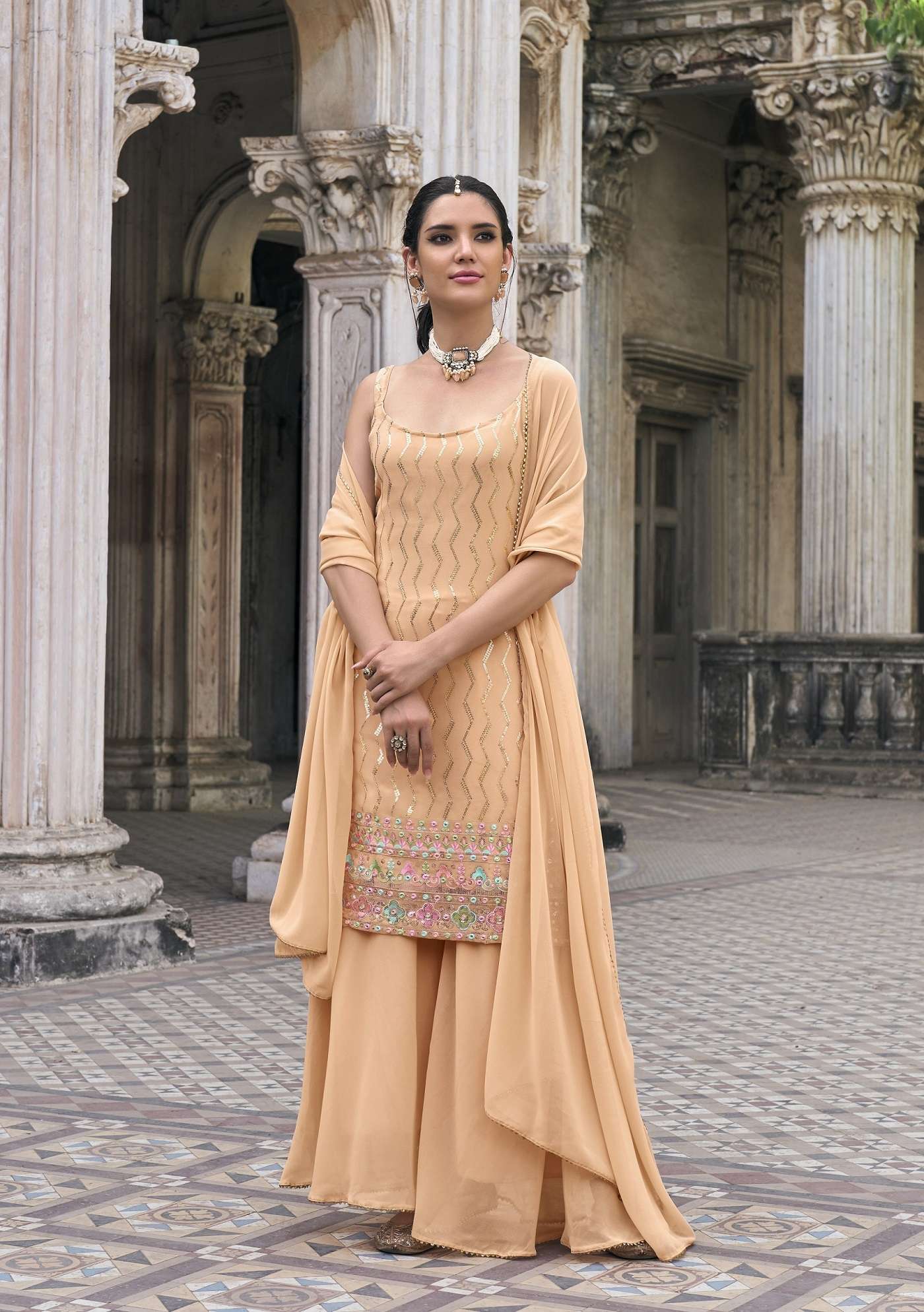 DESIGNER FANCY WEDDING PARTY WEAR INDIAN GEORGETTE PEACH SHARARA PALAZZO SALWAR SUIT IBTIDA 2061