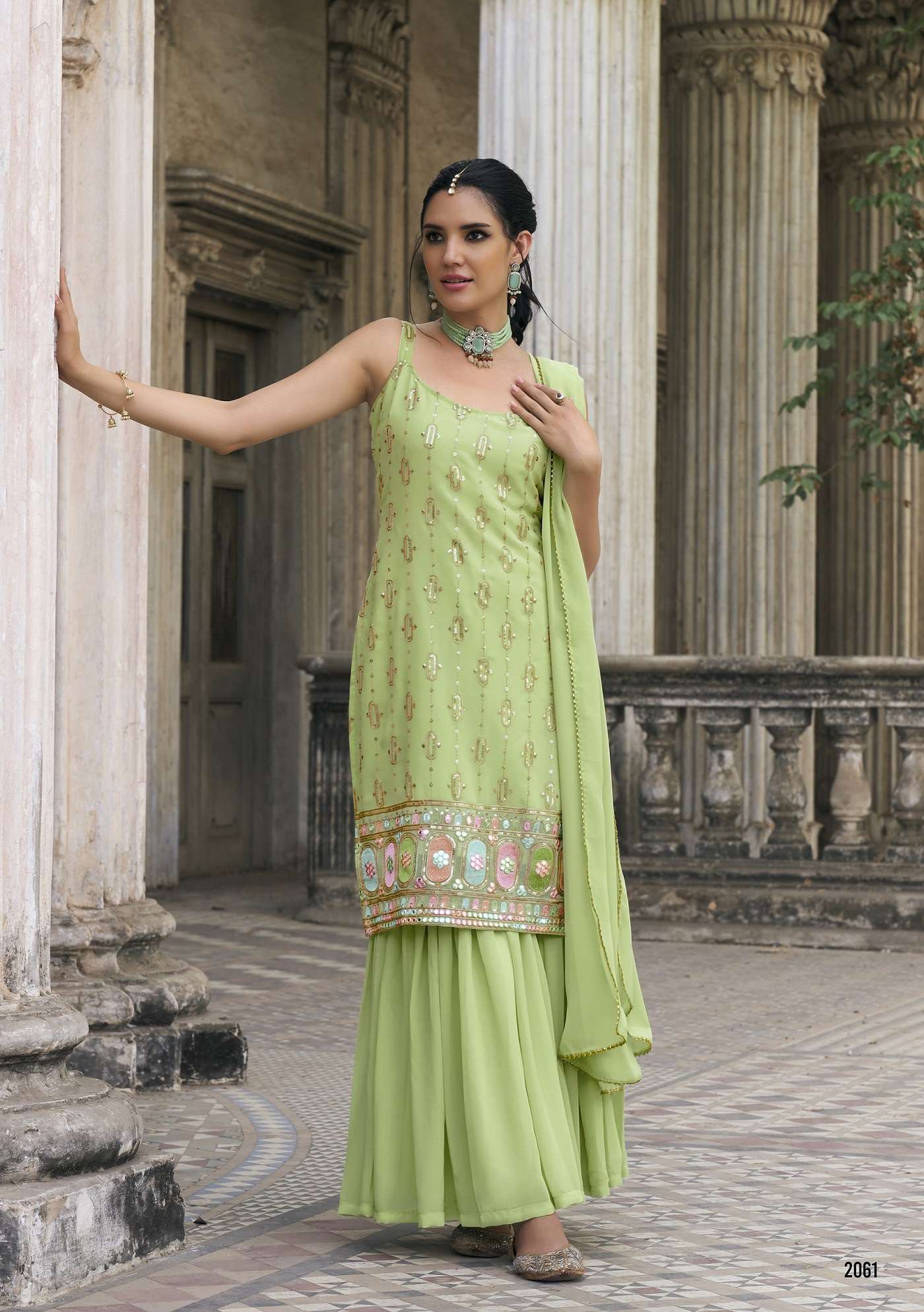 DESIGNER FANCY WEDDING PARTY WEAR INDIAN GEORGETTE GREEN SHARARA PALAZZO SALWAR SUIT IBTIDA 2061