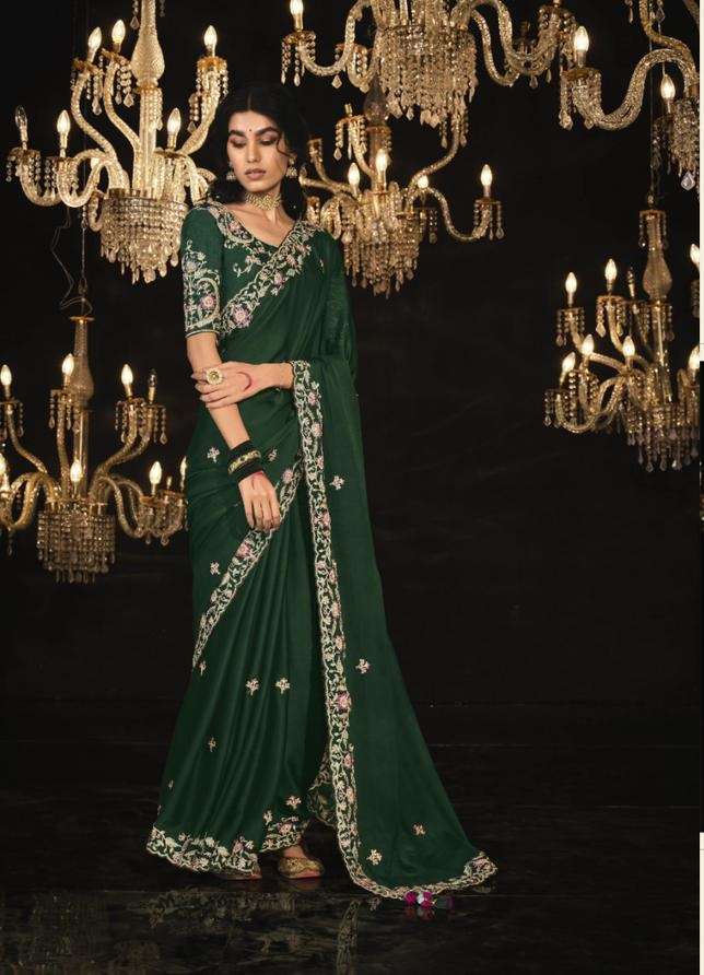 DESIGNER FANCY WEDDING PARTY WEAR INDIAN GREEN SILK SAREE SM KIMORA 5325