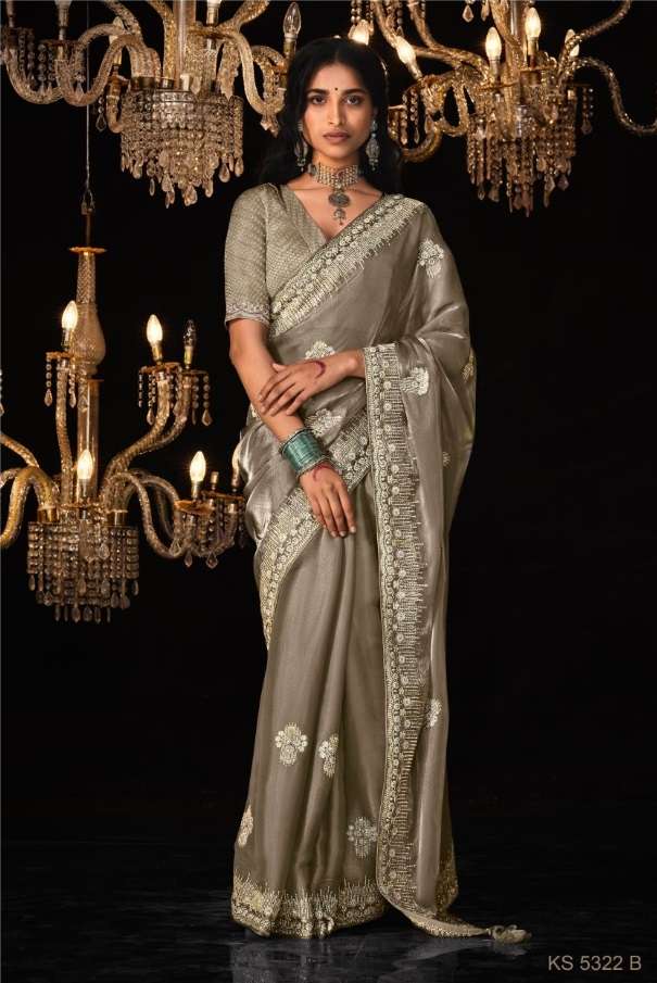 DESIGNER FANCY WEDDING PARTY WEAR INDIAN GREY SILK SAREE SM KIMORA 5322 B