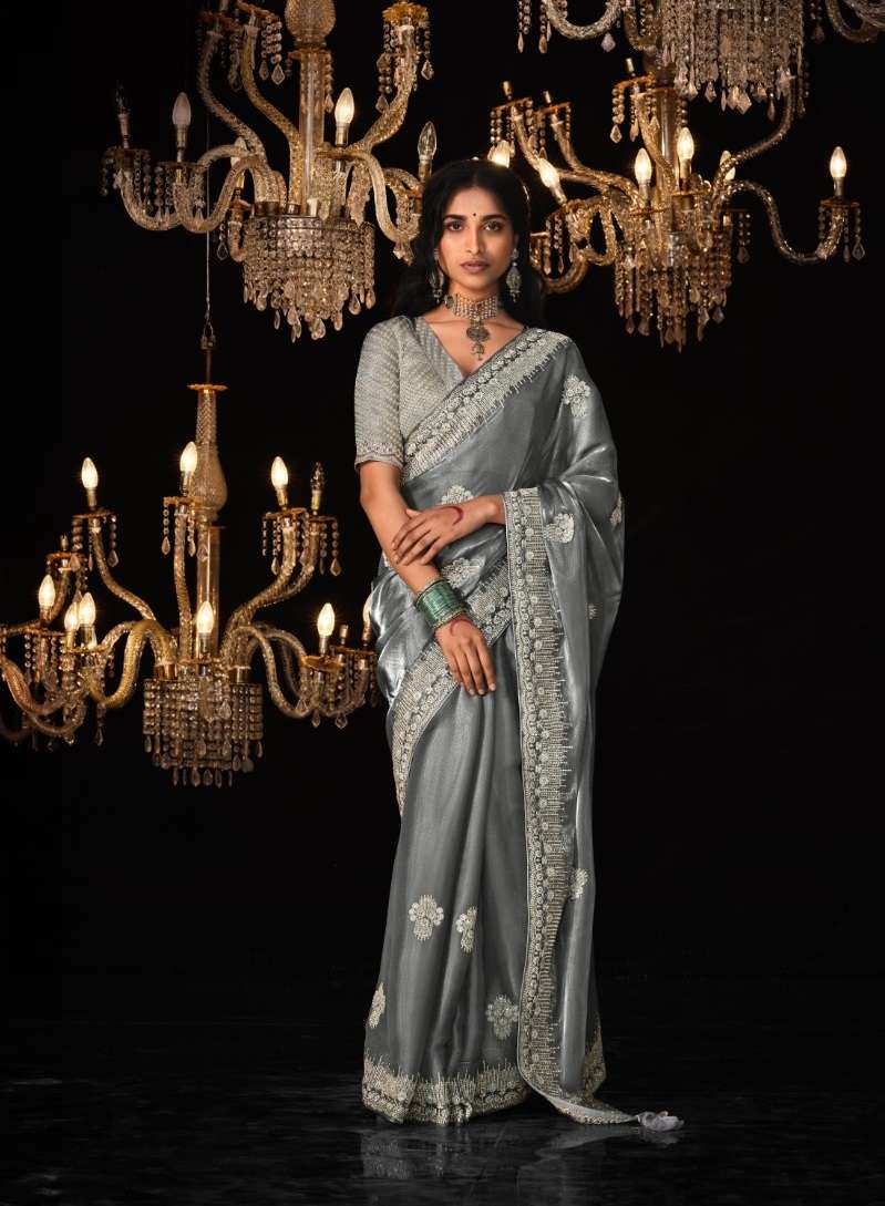 DESIGNER FANCY WEDDING PARTY WEAR INDIAN GREY SILK SAREE SM KIMORA 5322 D