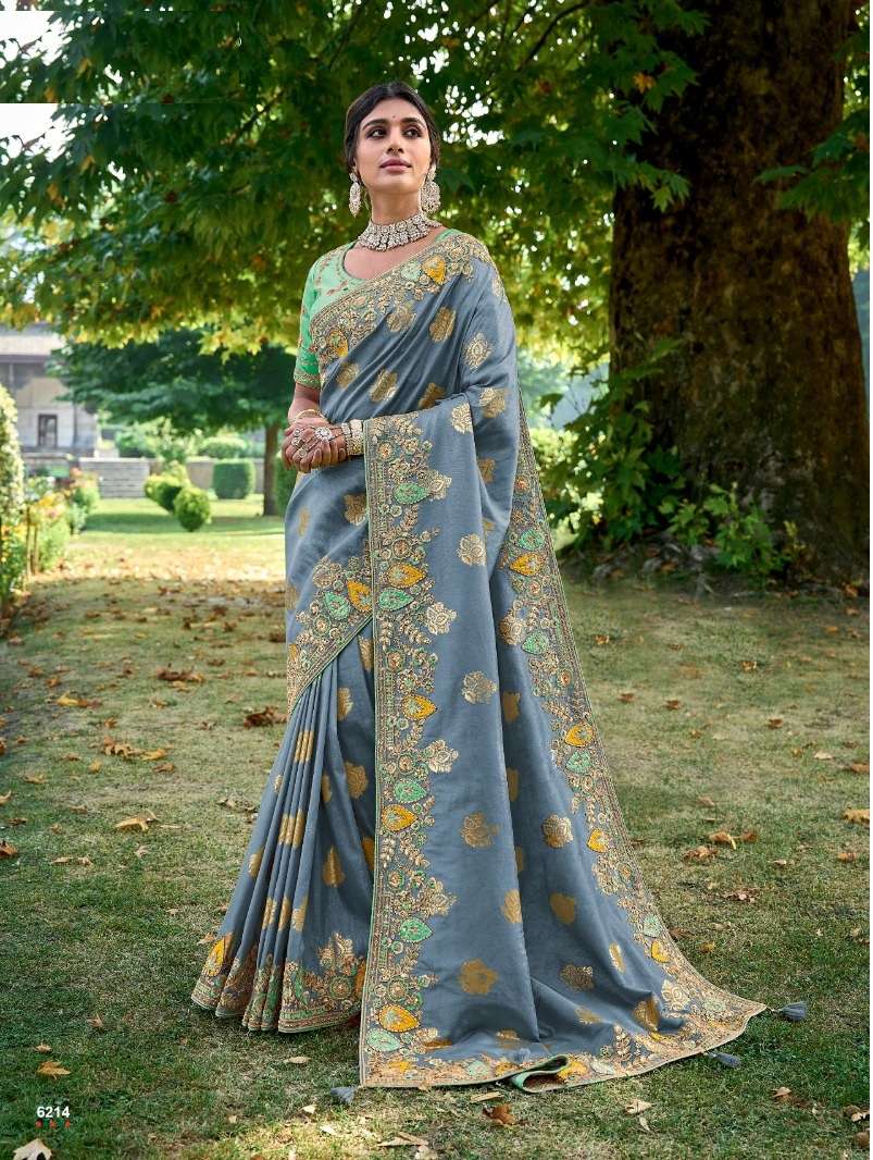 DESIGNER FANCY WEDDING PARTY WEAR INDIAN HEAVY GREY SILK SAREE SM TATHASTU 6214