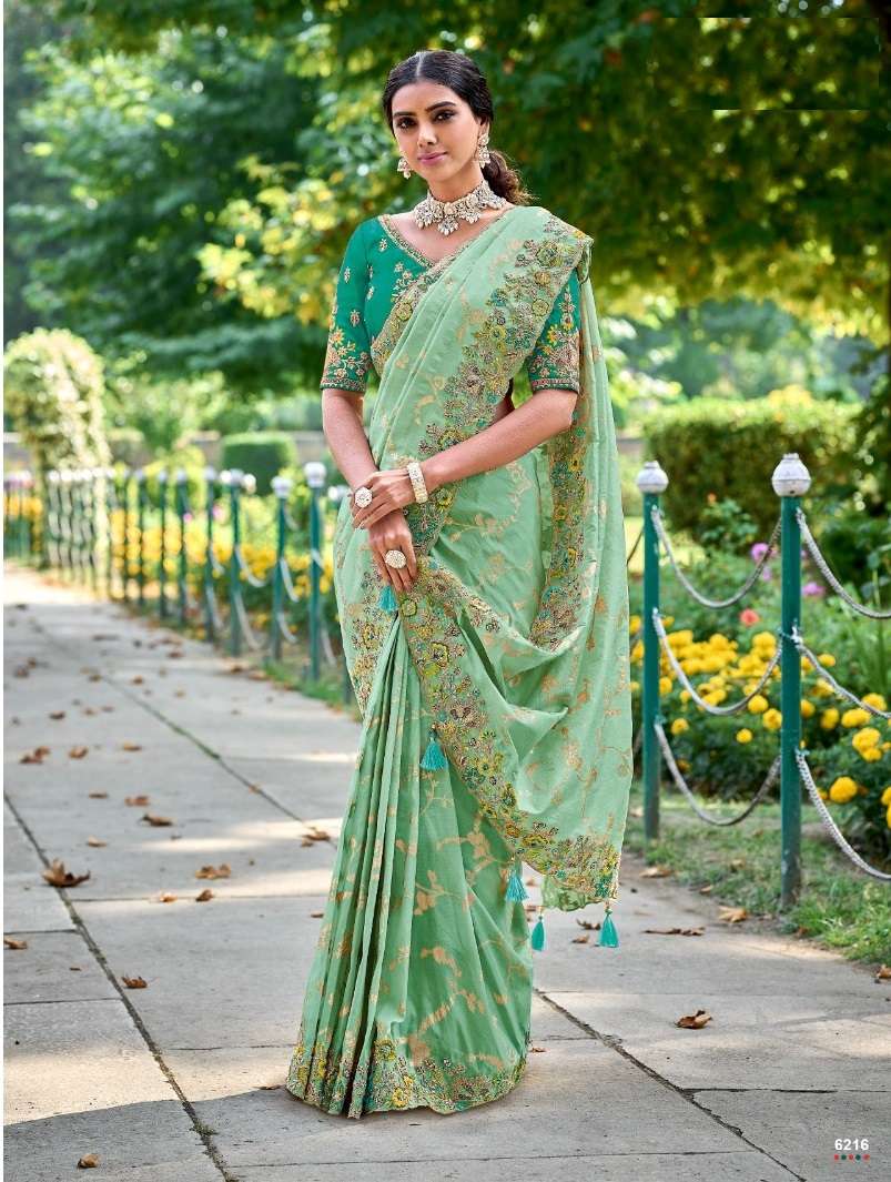 DESIGNER FANCY WEDDING PARTY WEAR INDIAN HEAVY GREEN SILK SAREE SM TATHASTU 6216