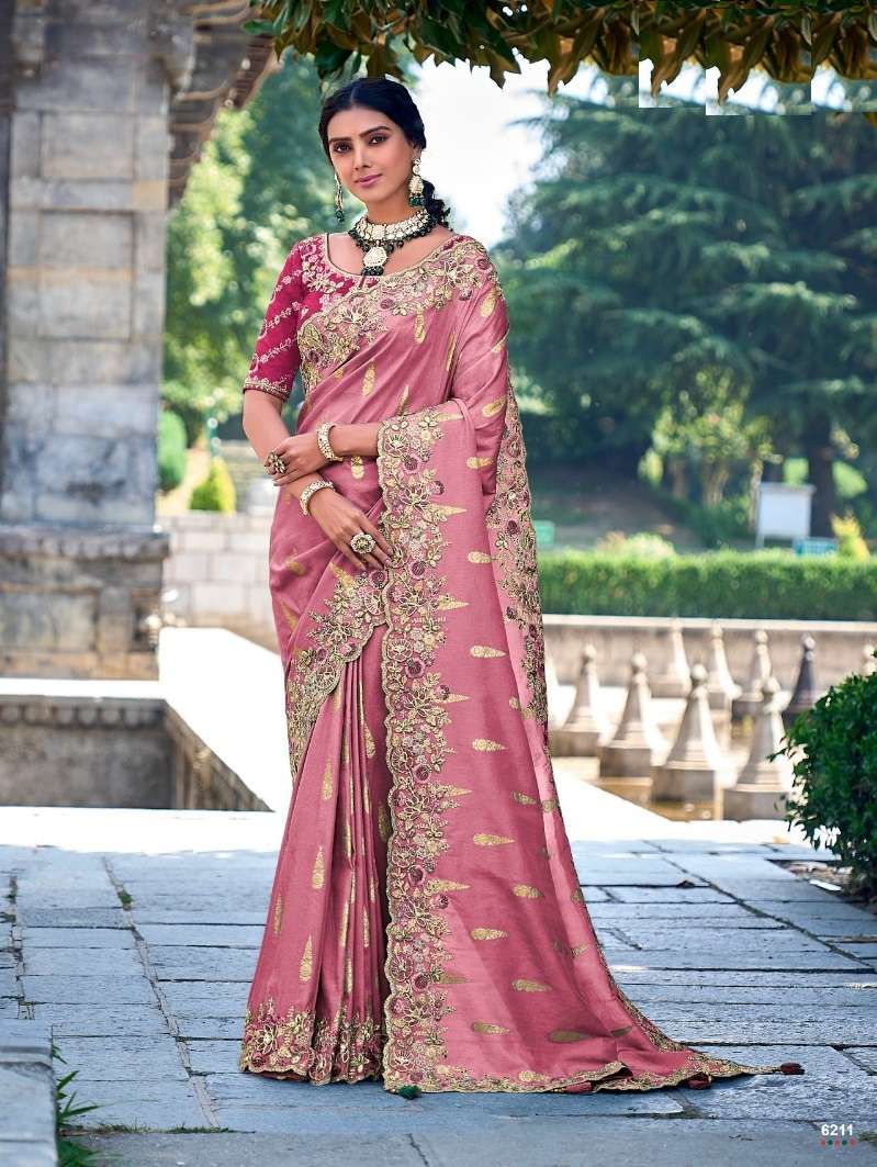 DESIGNER FANCY WEDDING PARTY WEAR INDIAN HEAVY PINK SILK SAREE SM TATHASTU 6211