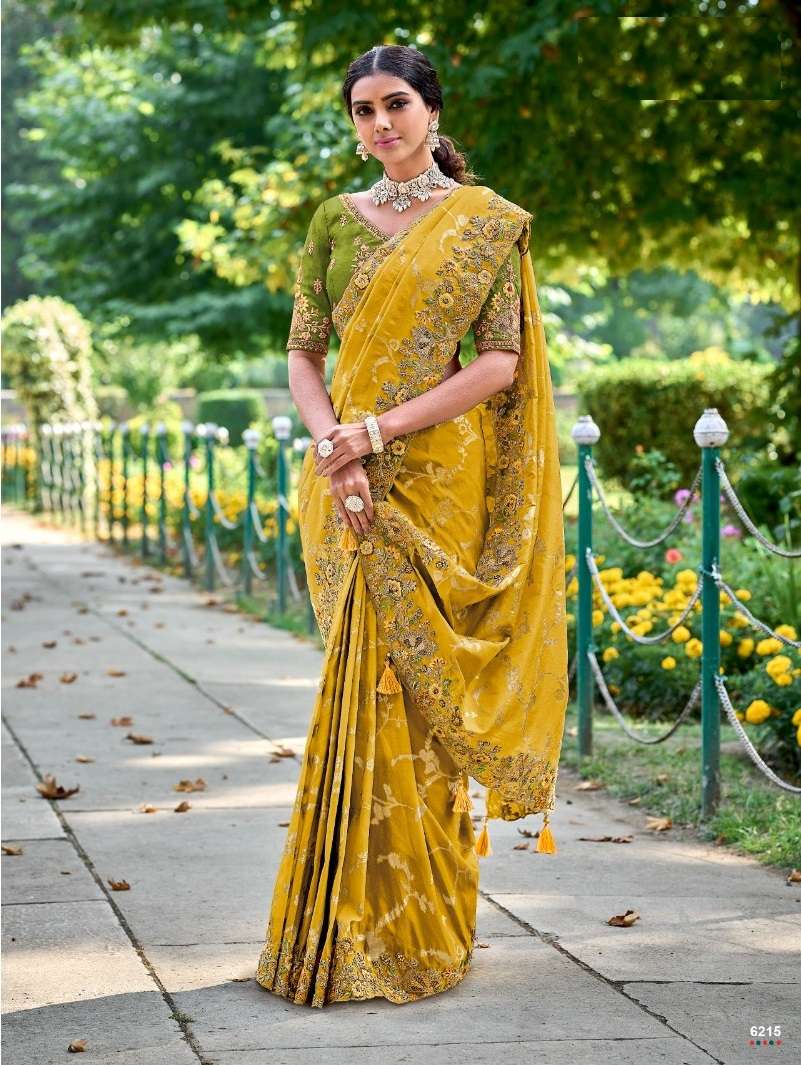 DESIGNER FANCY WEDDING PARTY WEAR INDIAN HEAVY YELLOW SILK SAREE SM TATHASTU 6215