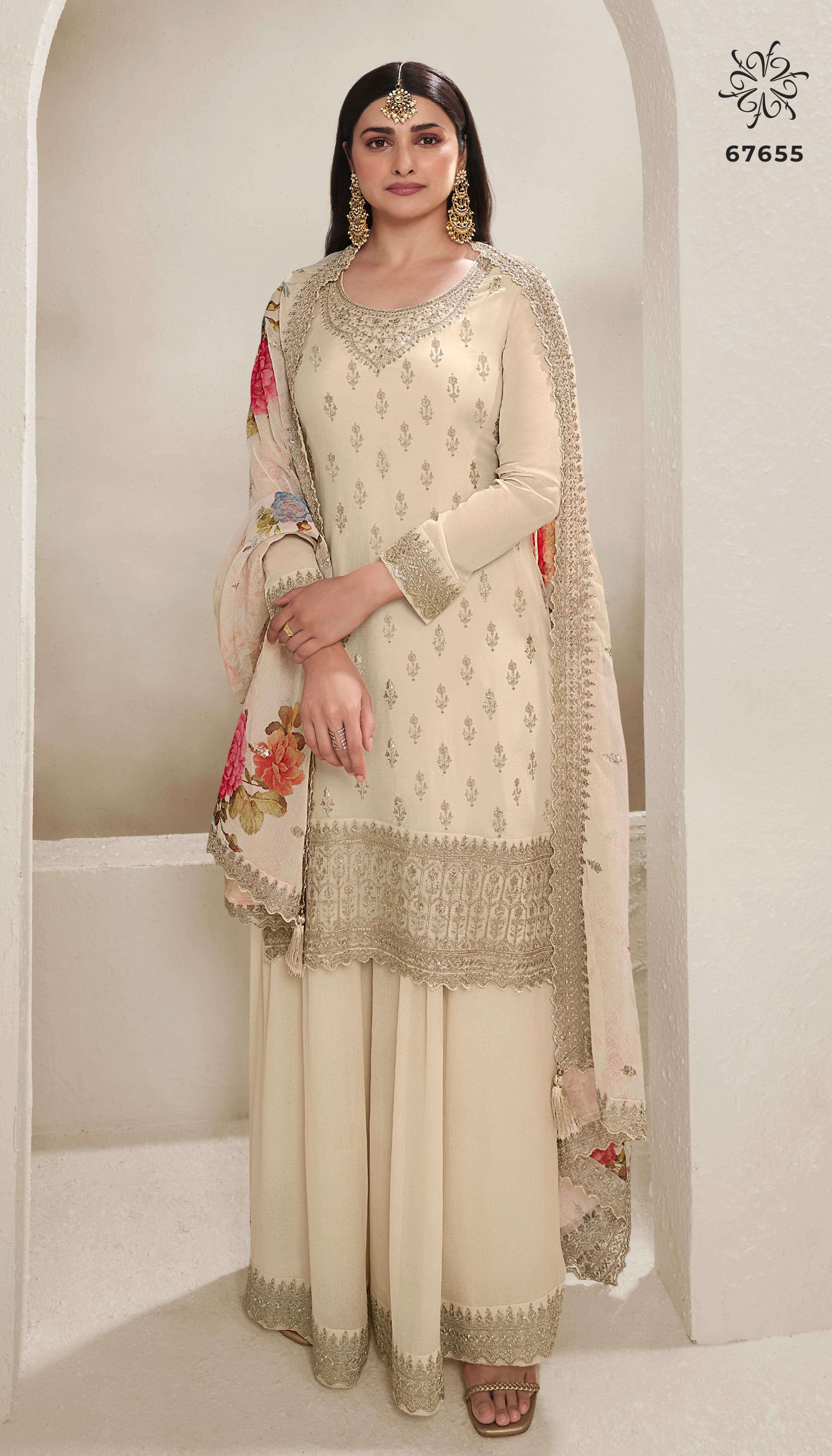 DESIGNER FANCY WEDDING PARTY WEAR INDIAN OFF WHITE SHARARA PALAZZO SALWAR SUIT RH SHALINI 67655