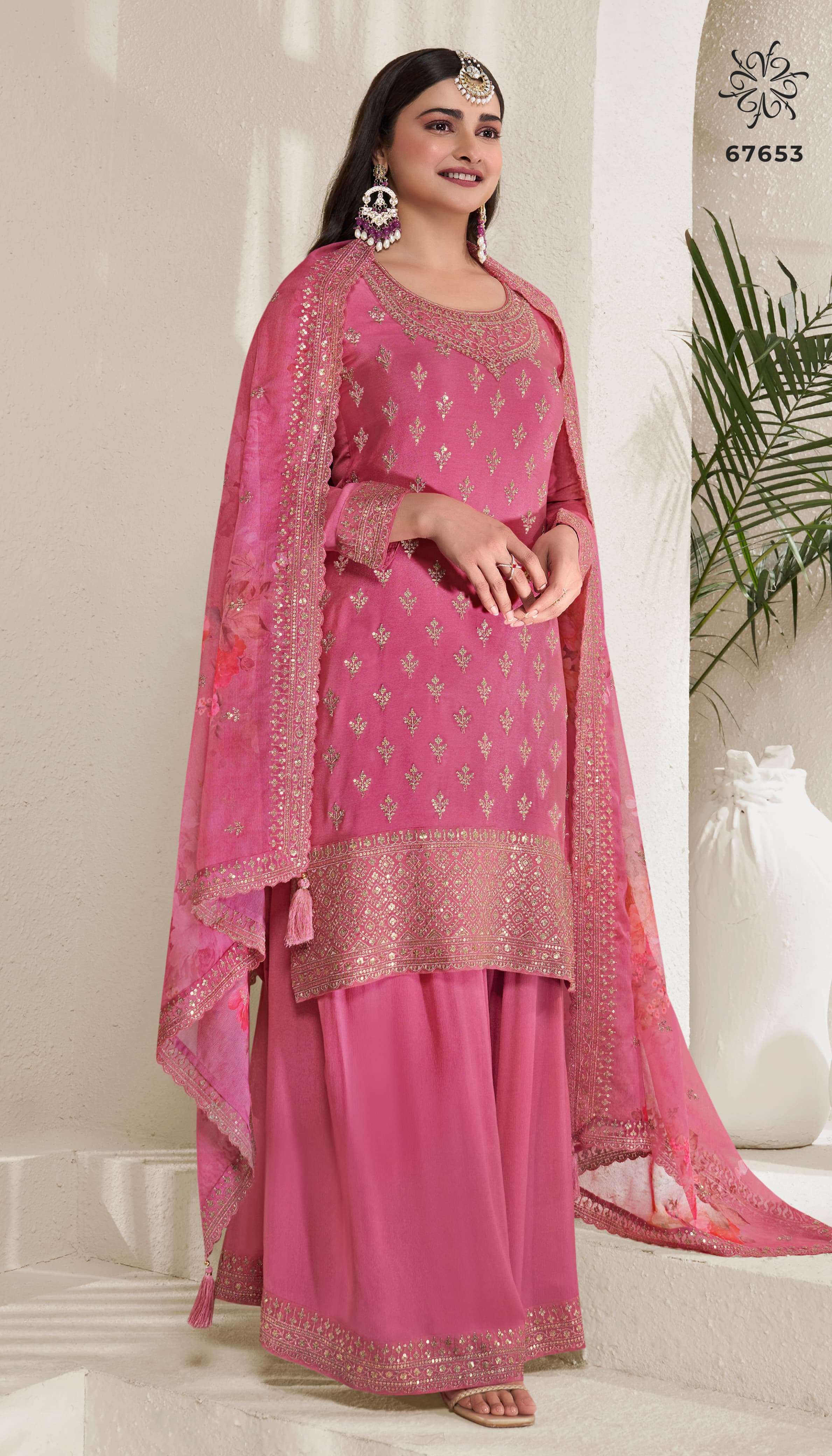 DESIGNER FANCY WEDDING PARTY WEAR INDIAN PINK SHARARA PALAZZO SALWAR SUIT RH SHALINI 67653