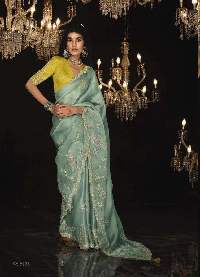 DESIGNER FANCY WEDDING PARTY WEAR INDIAN PISTA GREEN SILK SAREE SM KIMORA 5333