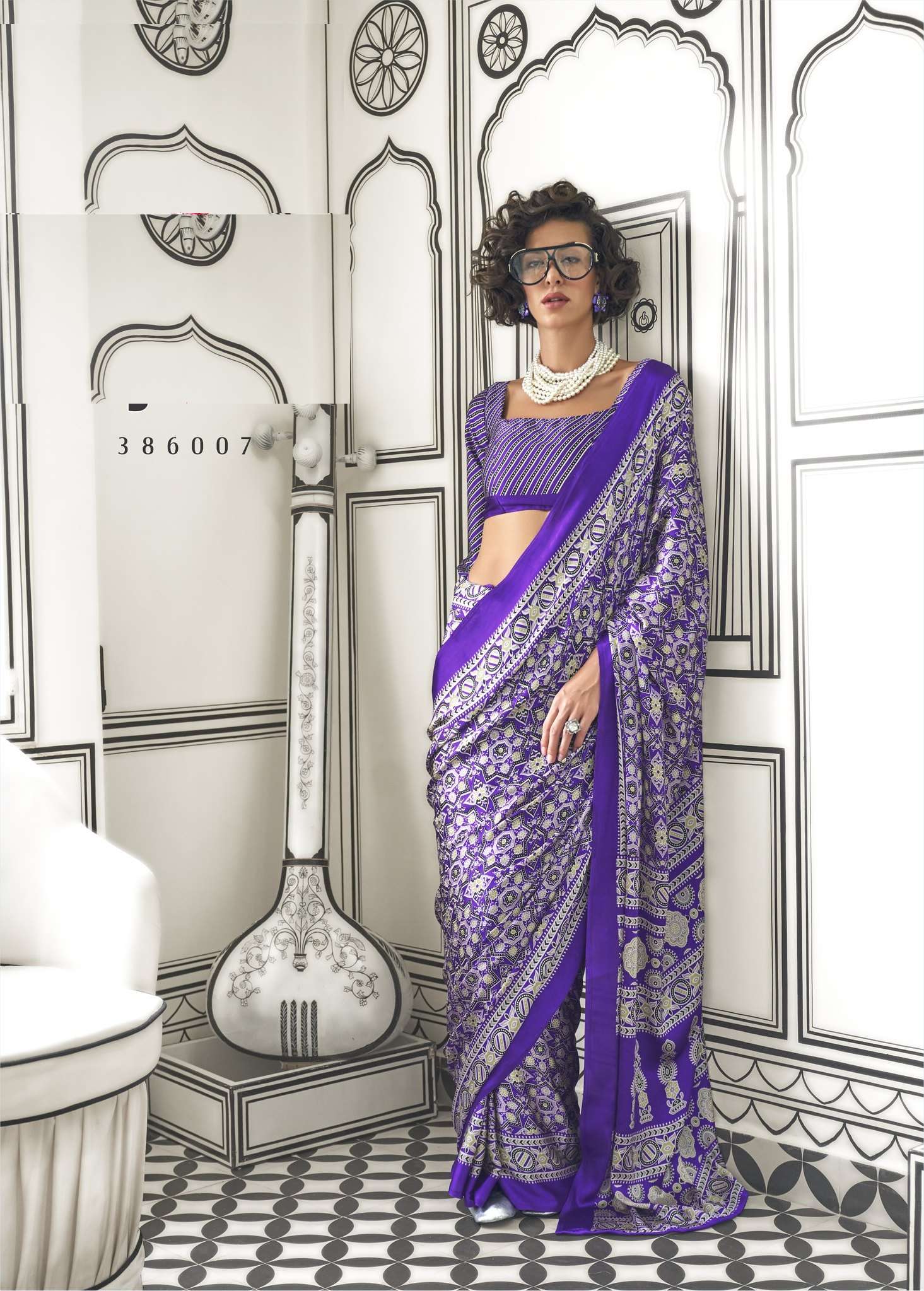 DESIGNER FANCY WEDDING PARTY WEAR INDIAN PURPLE CREPE SILK SAREE SM RJT KAJARAKH 386007