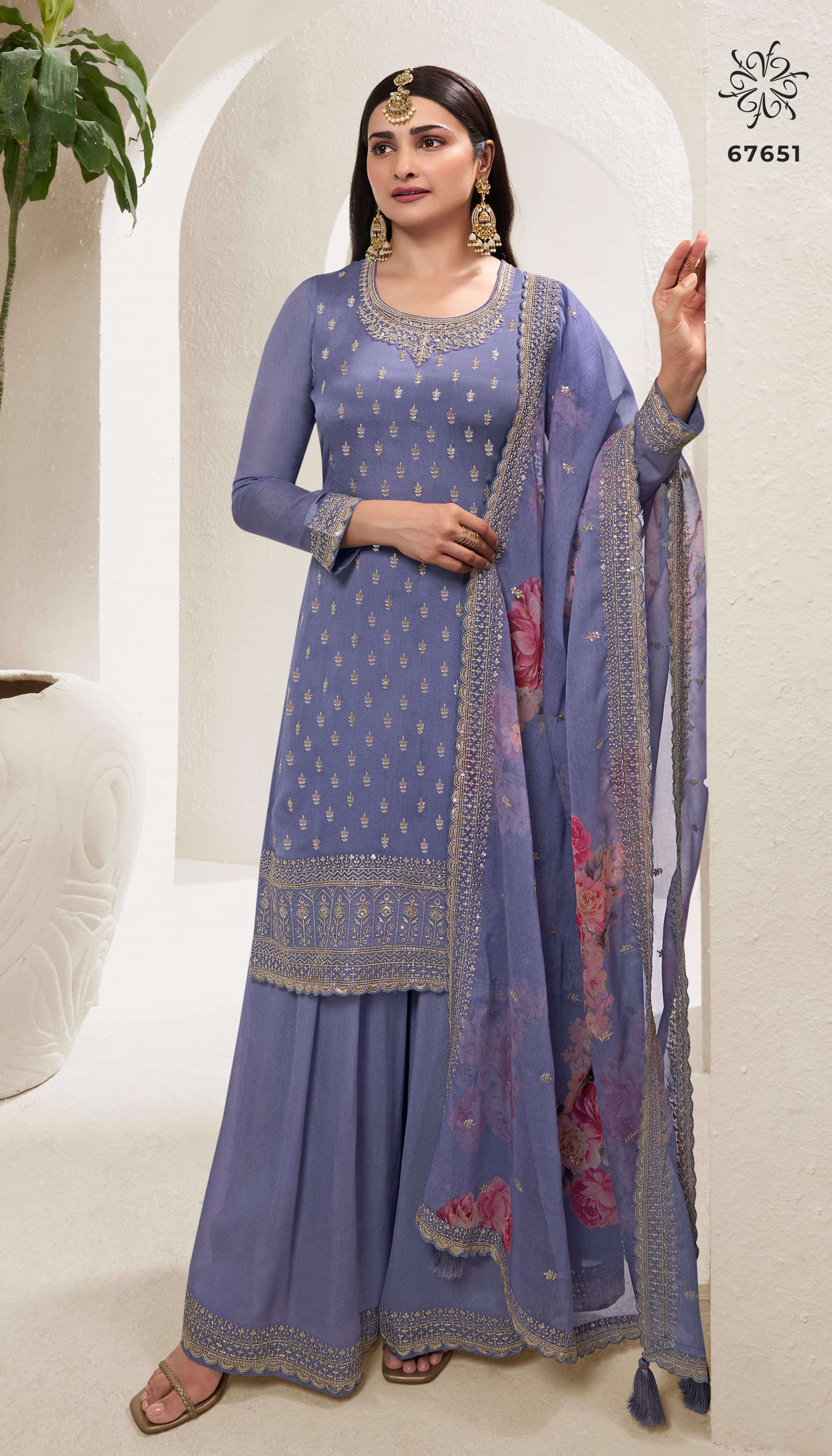 DESIGNER FANCY WEDDING PARTY WEAR INDIAN PURPLE SHARARA PALAZZO SALWAR SUIT RH SHALINI 67651