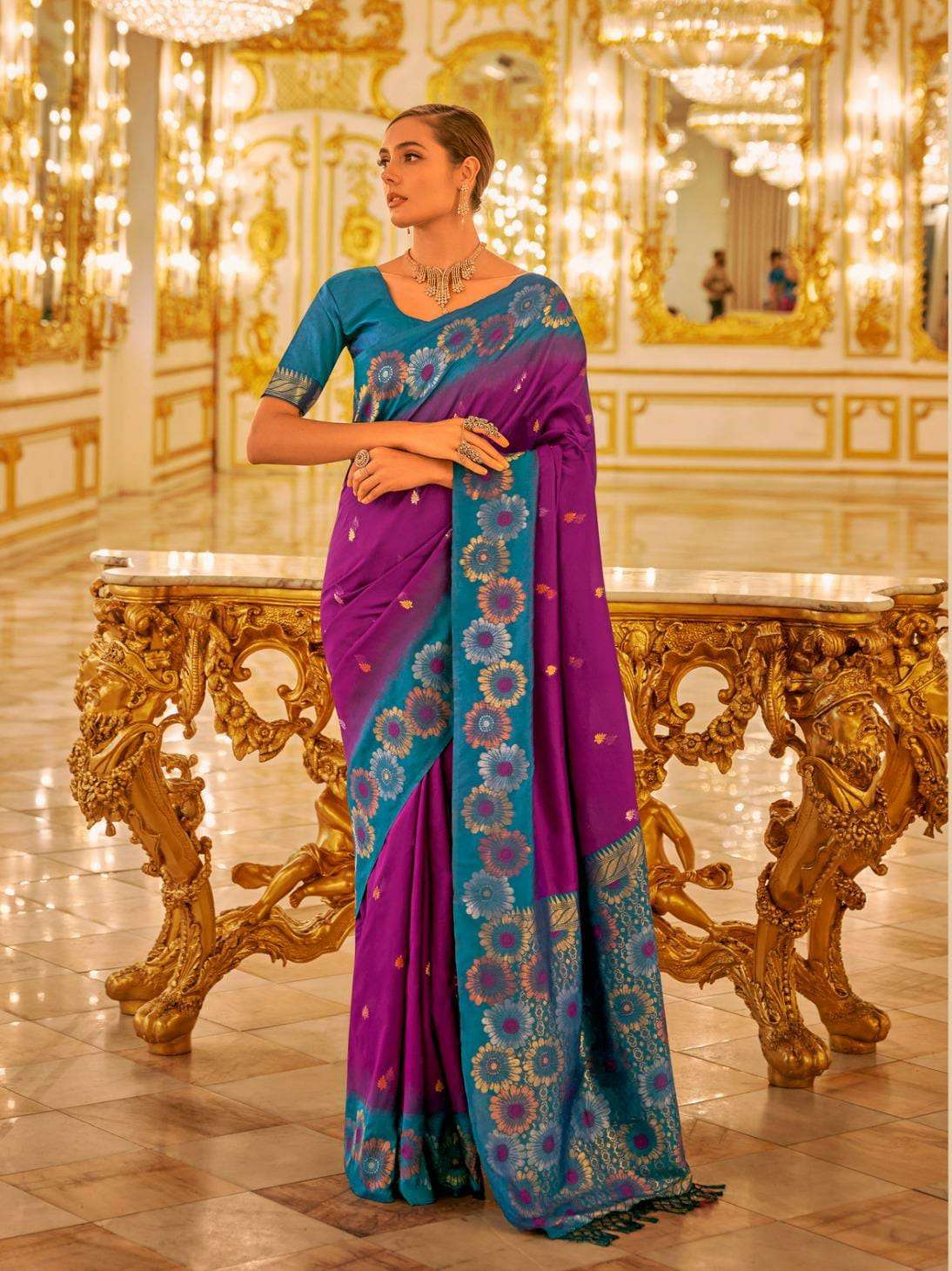 DESIGNER FANCY WEDDING PARTY WEAR INDIAN PURPLE SILK SAREE RJPT SM 440001